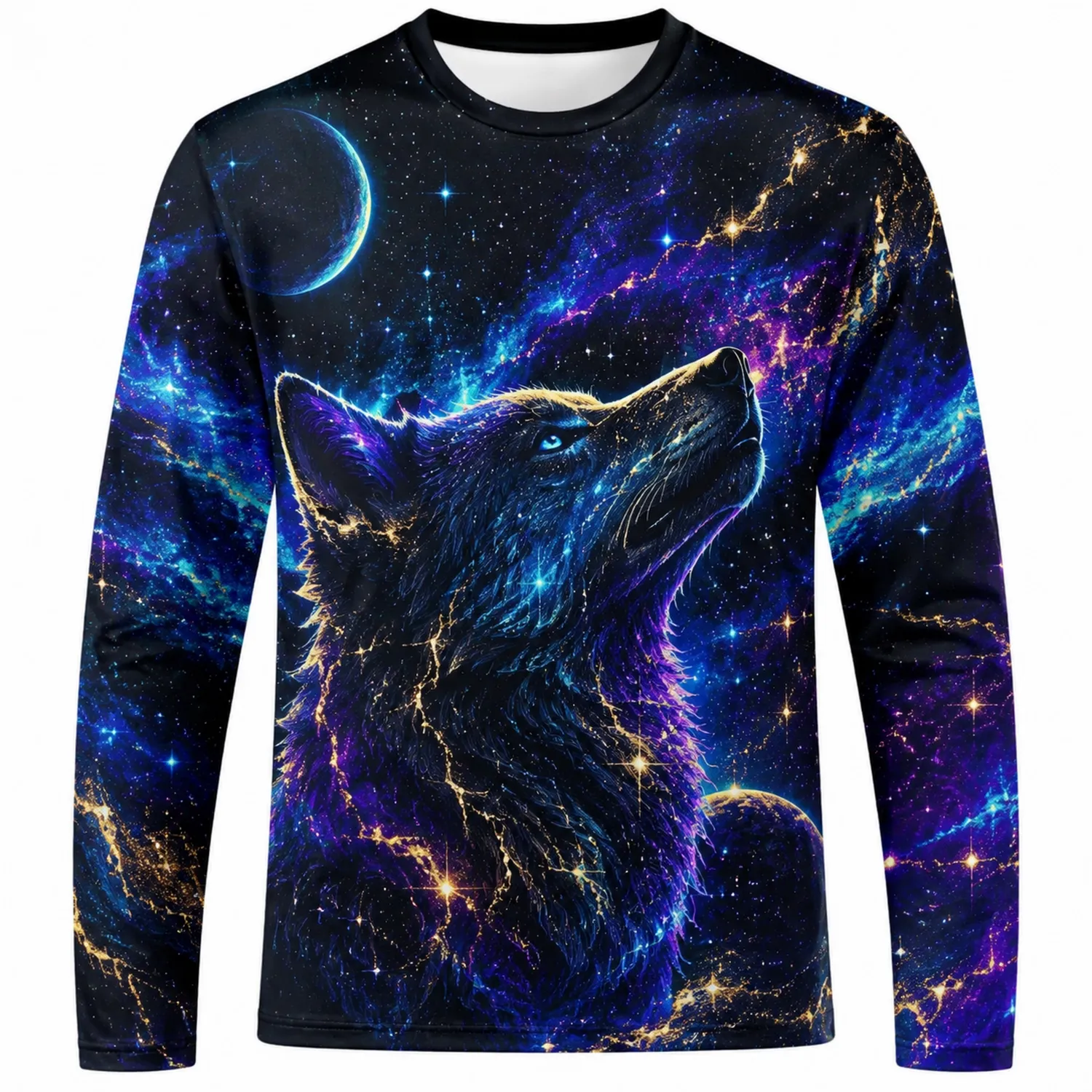 Maglia a maniche lunghe con stampa di lupo galattico blu, nero e viola