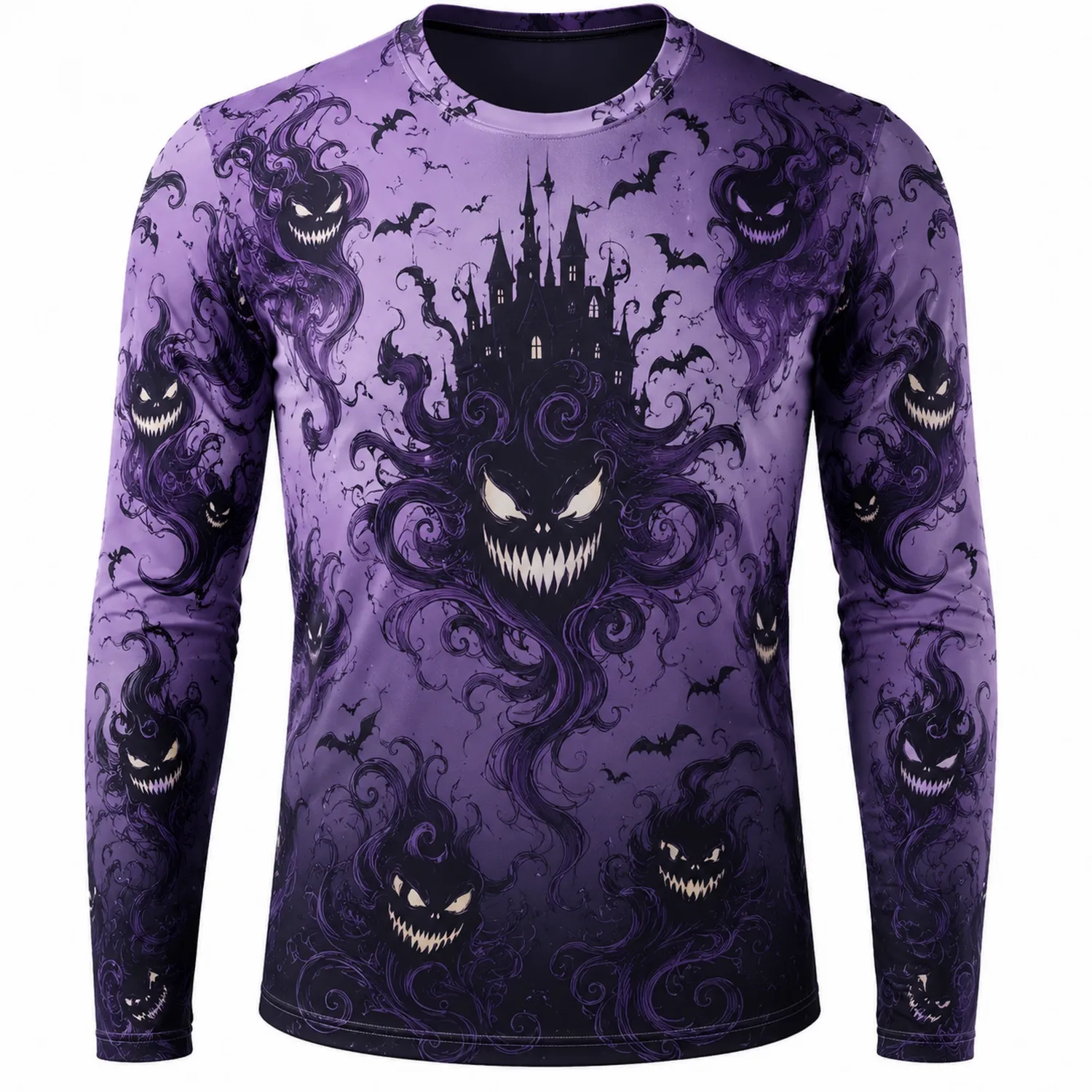 Maglia Manica Lunga con Stampa Fantasmi e Castello, Halloween Viola
