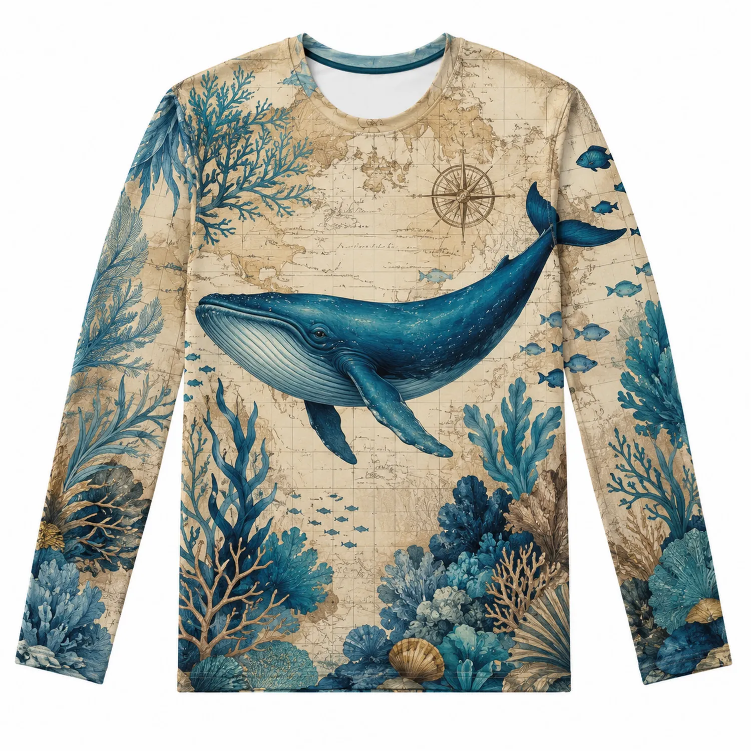 Maglia a Maniche Lunghe con Stampa Digitale di Balena e Coralli Blu Oceano