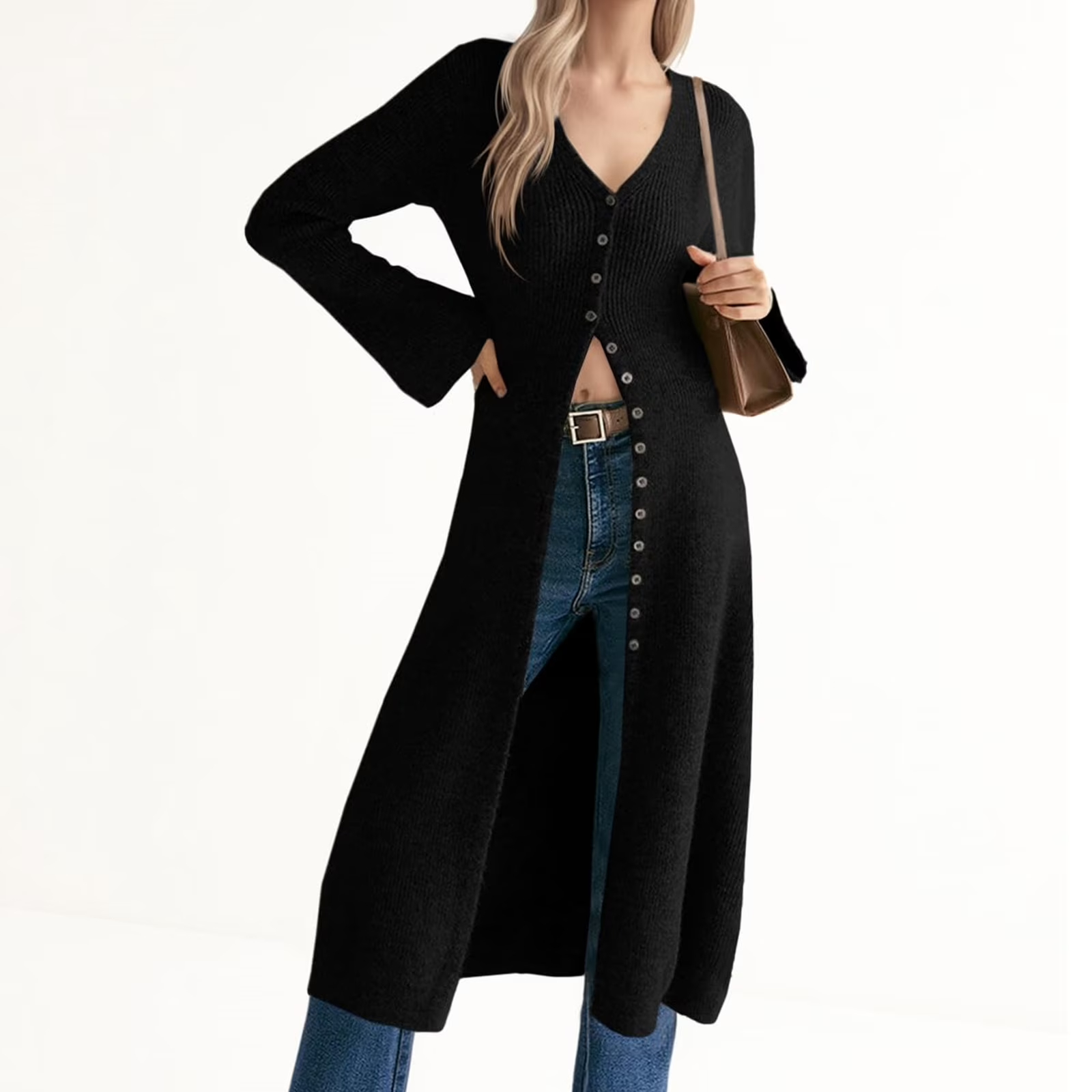 Bell Sleeve Women Solid V Neck Casual Long Button Down Knit Cardigan