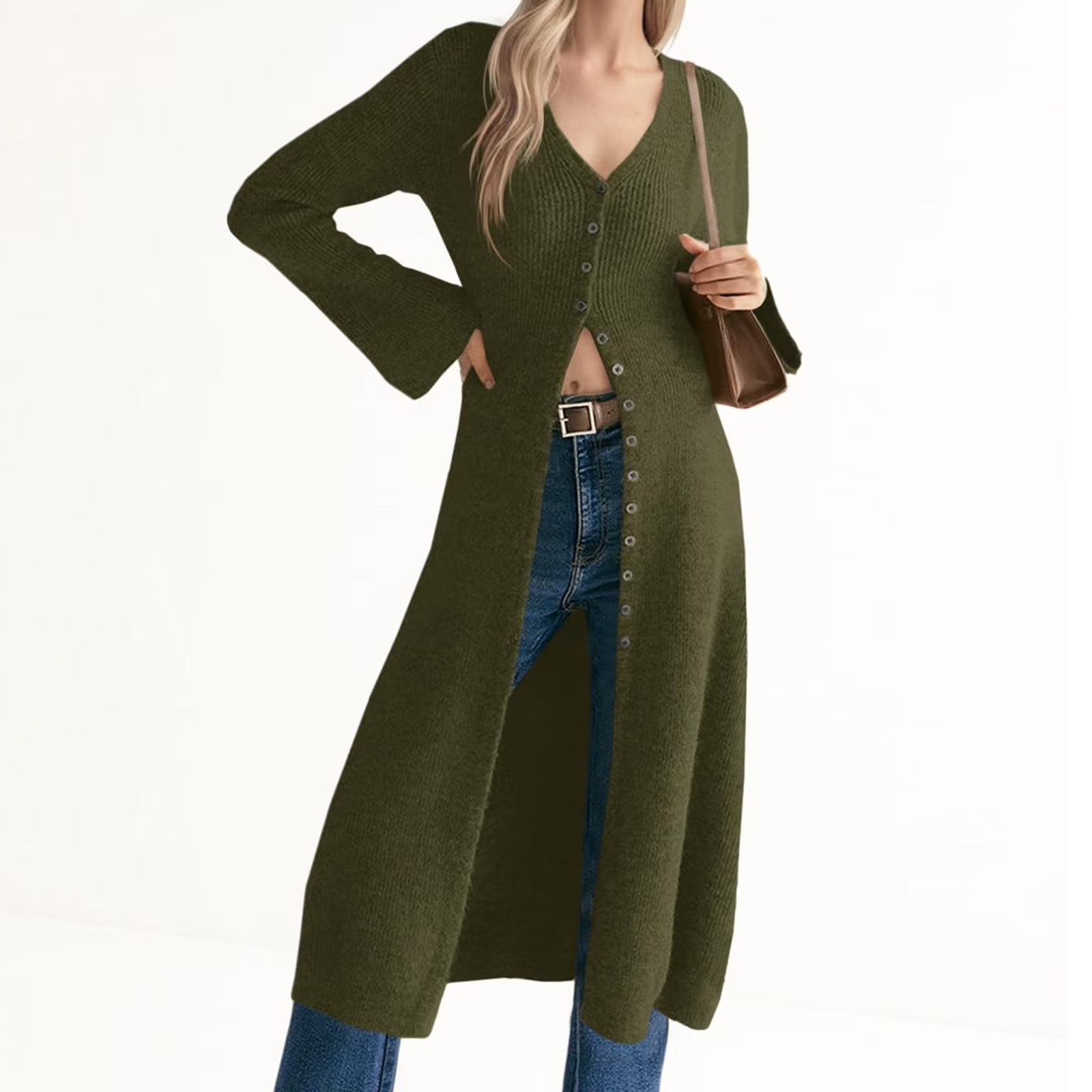 Bell Sleeve Women Solid V Neck Casual Long Button Down Knit Cardigan