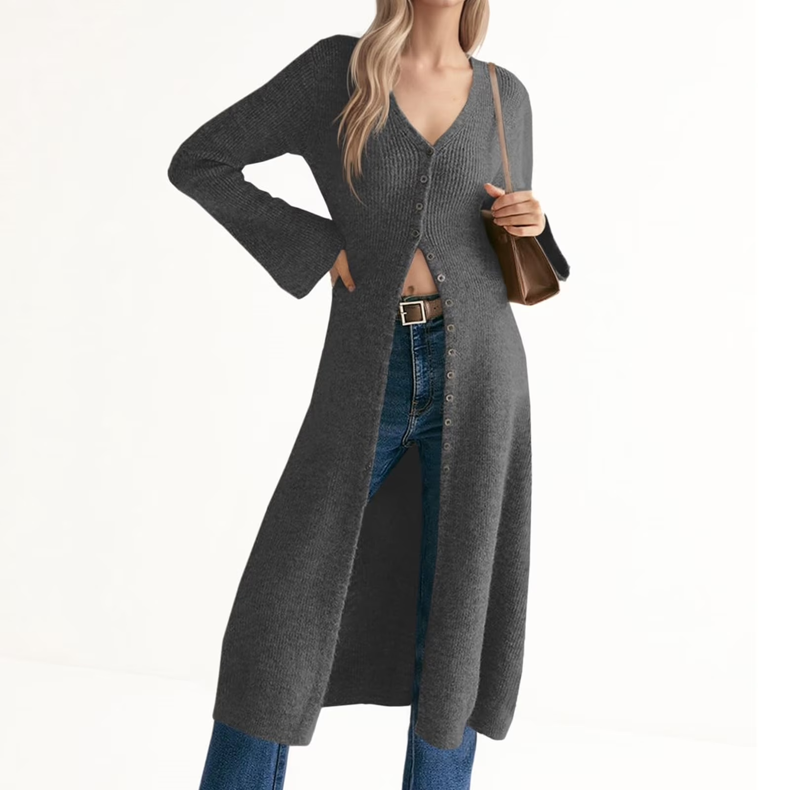 Bell Sleeve Women Solid V Neck Casual Long Button Down Knit Cardigan