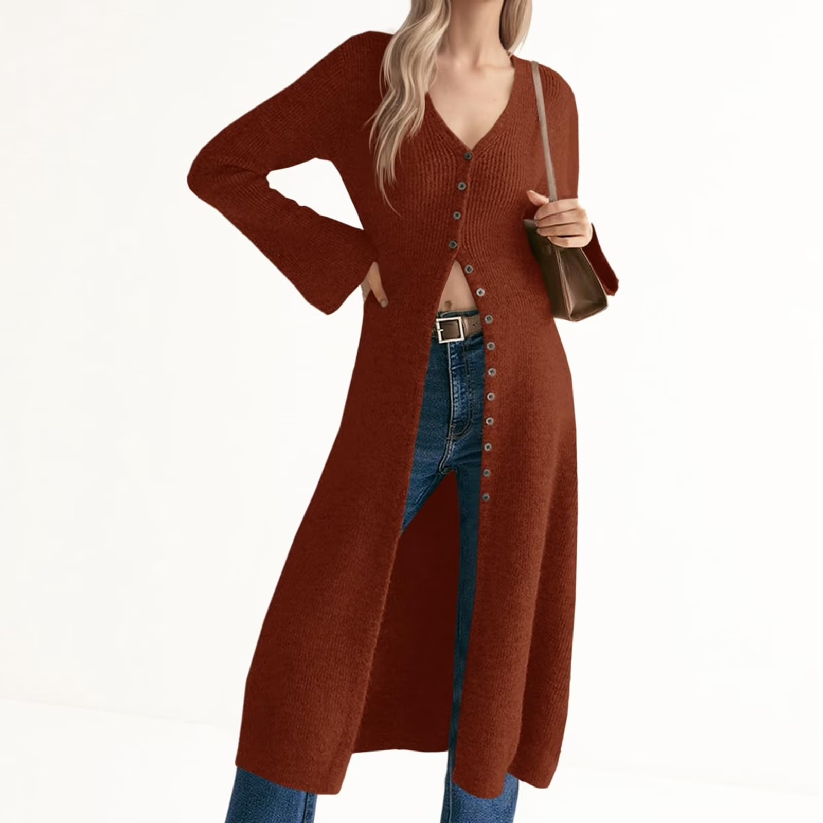 Bell Sleeve Women Solid V Neck Casual Long Button Down Knit Cardigan