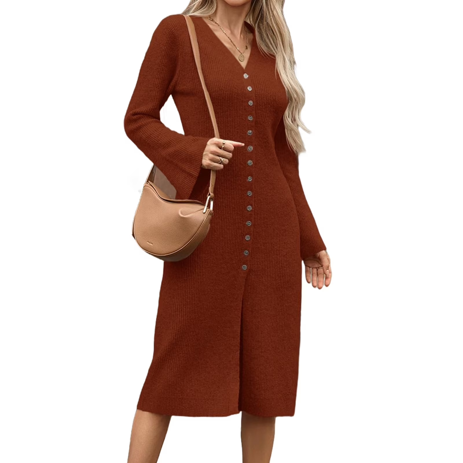 Bell Sleeve Women Solid V Neck Casual Long Button Down Knit Cardigan