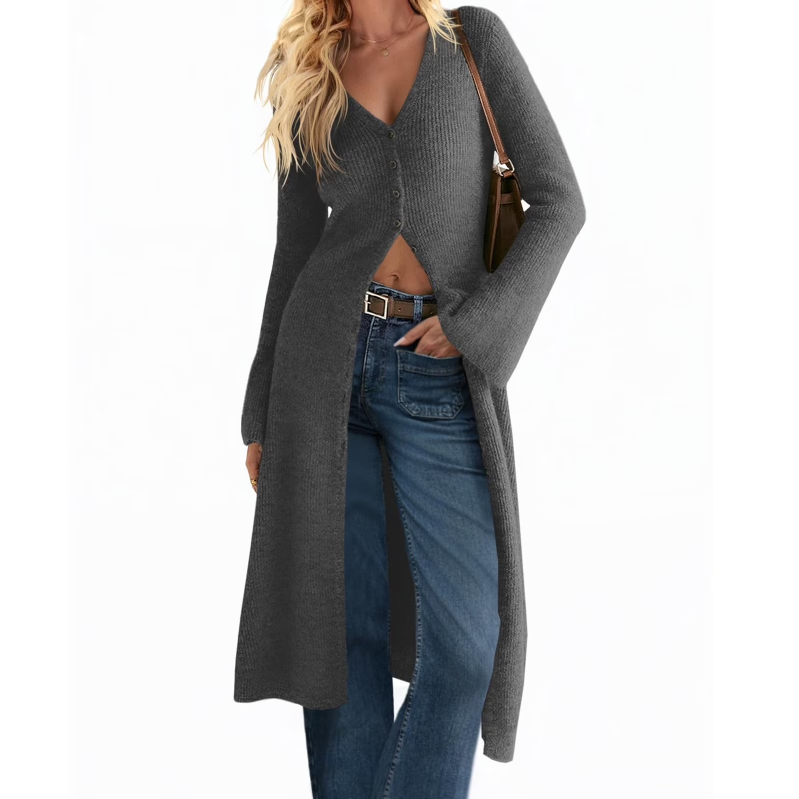 Bell Sleeve Women Solid V Neck Casual Long Button Down Knit Cardigan