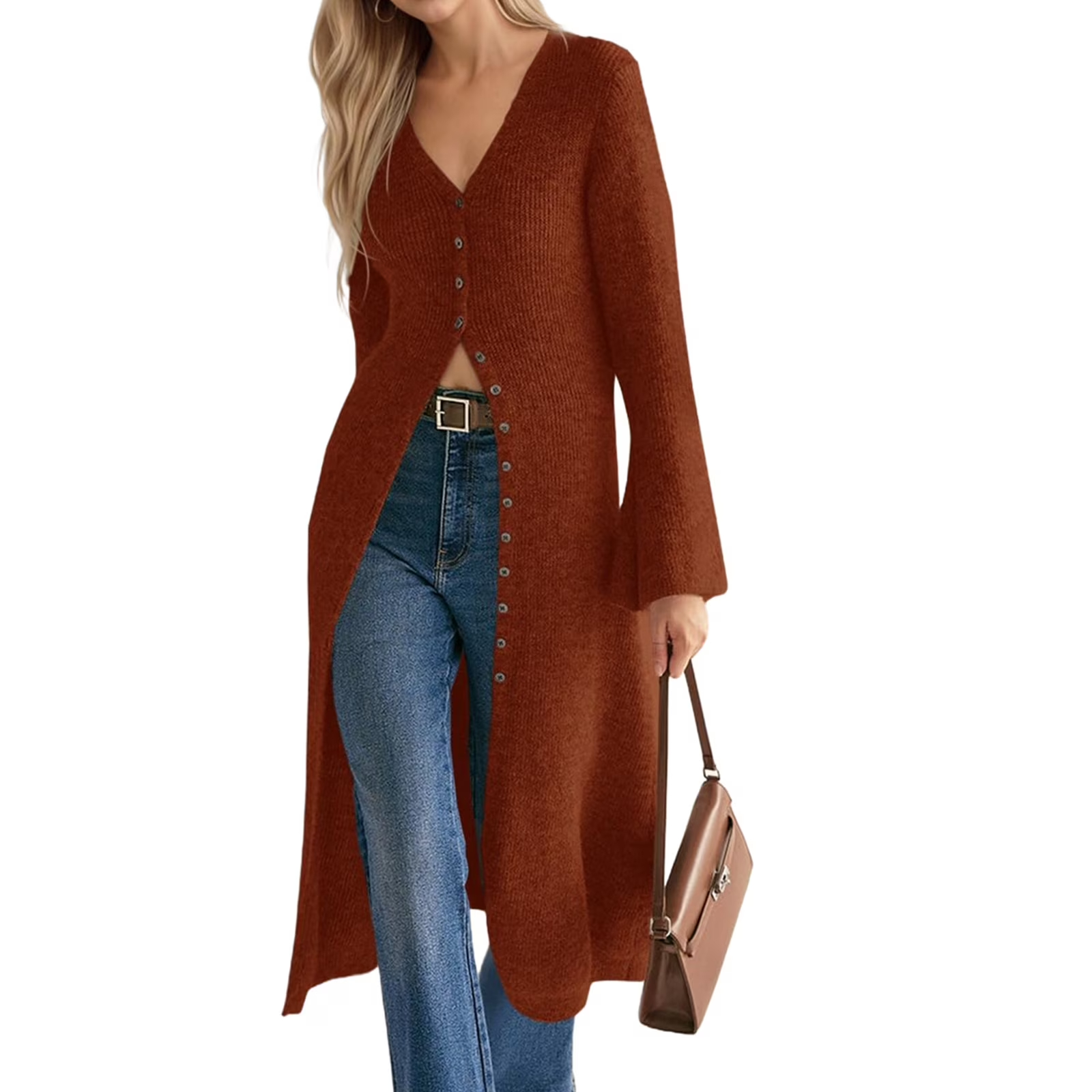 Bell Sleeve Women Solid V Neck Casual Long Button Down Knit Cardigan