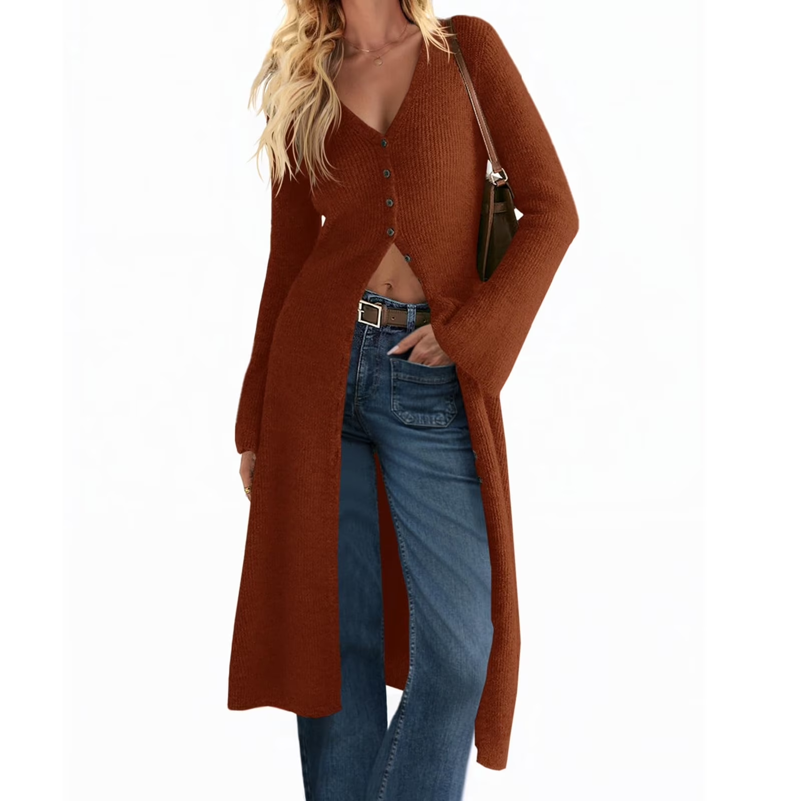 Bell Sleeve Women Solid V Neck Casual Long Button Down Knit Cardigan