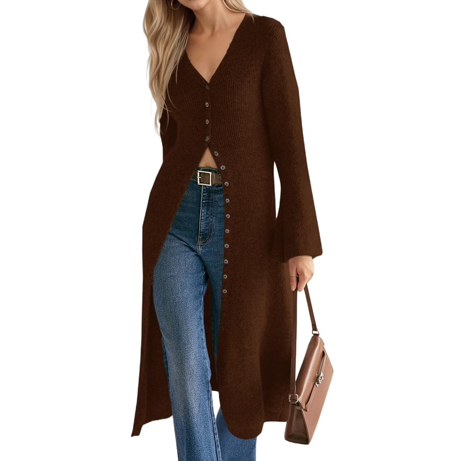 Bell Sleeve Women Solid V Neck Casual Long Button Down Knit Cardigan