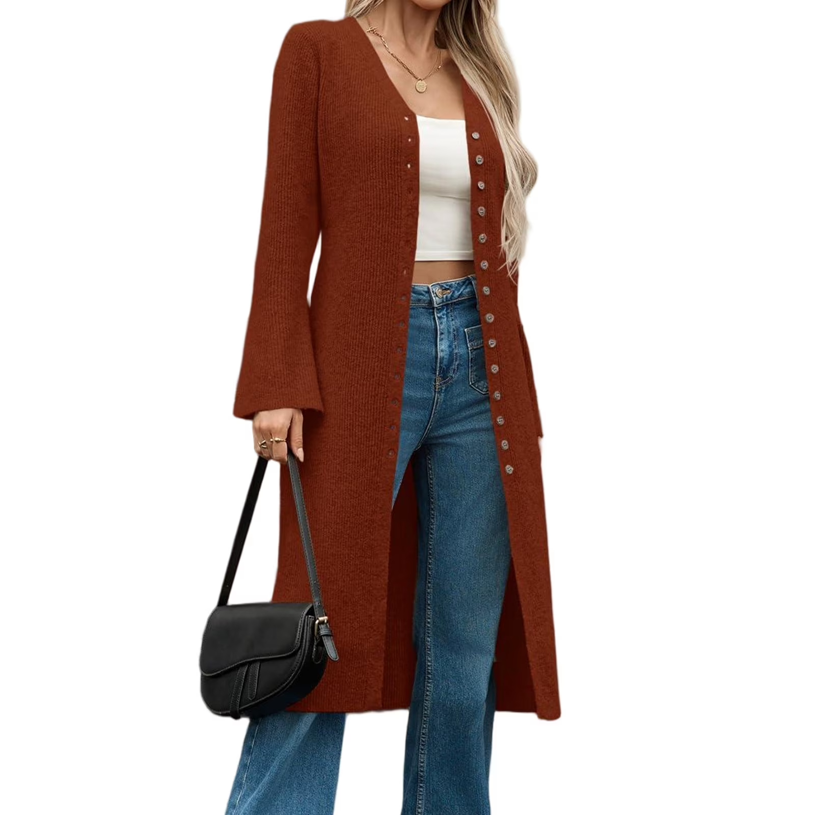 Bell Sleeve Women Solid V Neck Casual Long Button Down Knit Cardigan