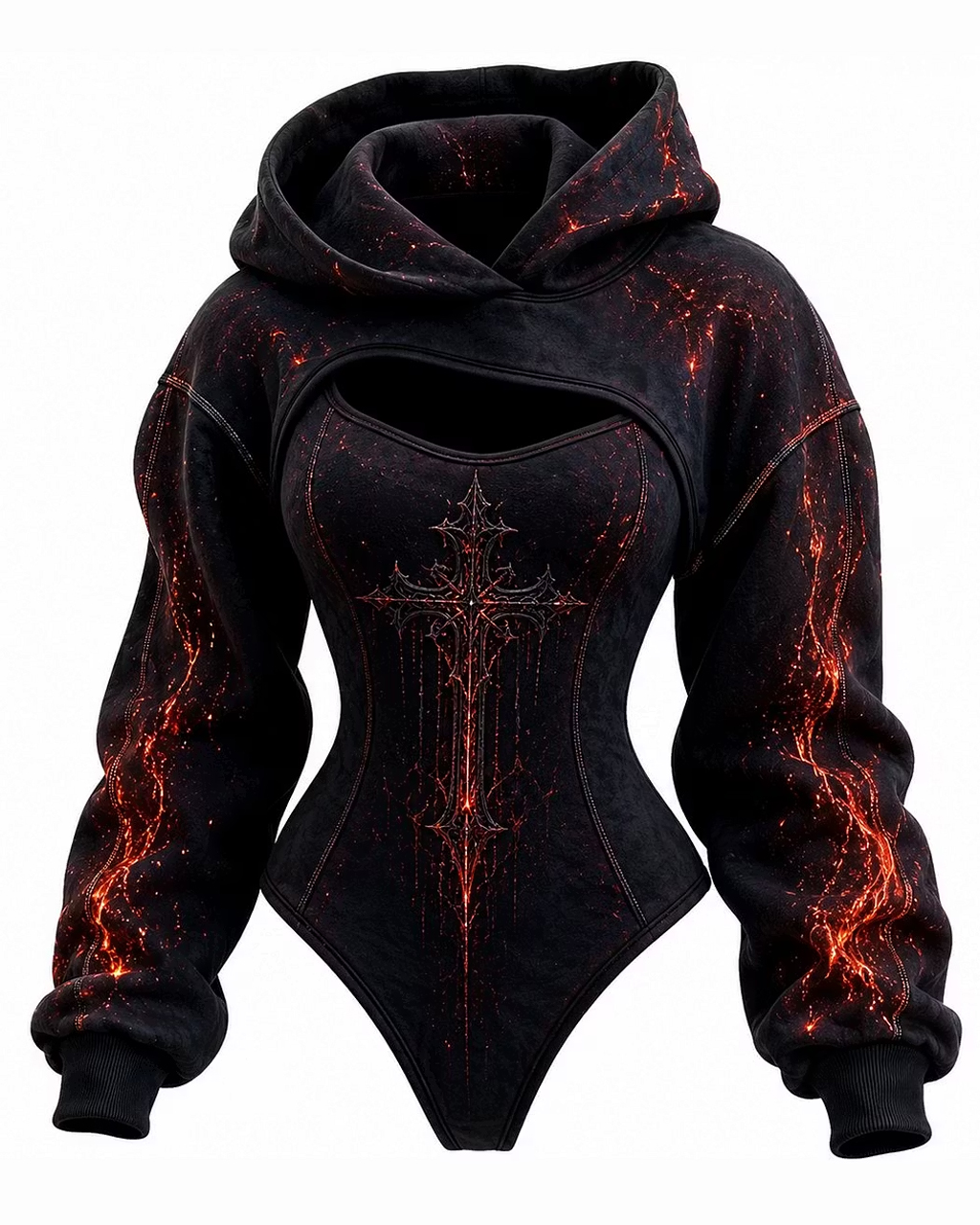 Women's Gothic Style Cross Embroidered Irregular Cut Two-Piece bodysuit