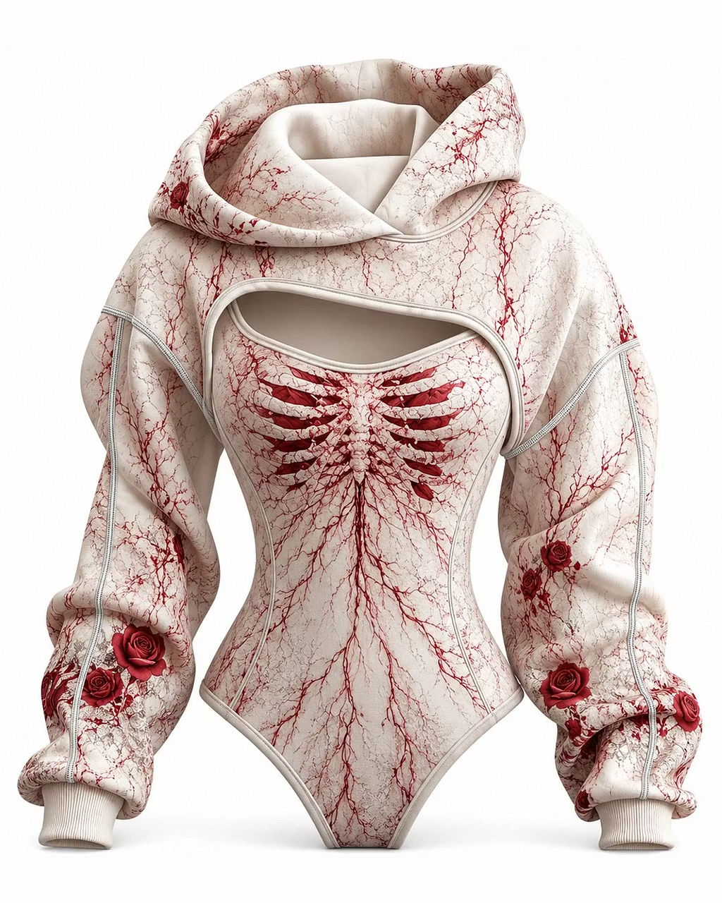 Women's Gothic-style bodysuit with embroidered skeleton and irregular cut, two-piece set