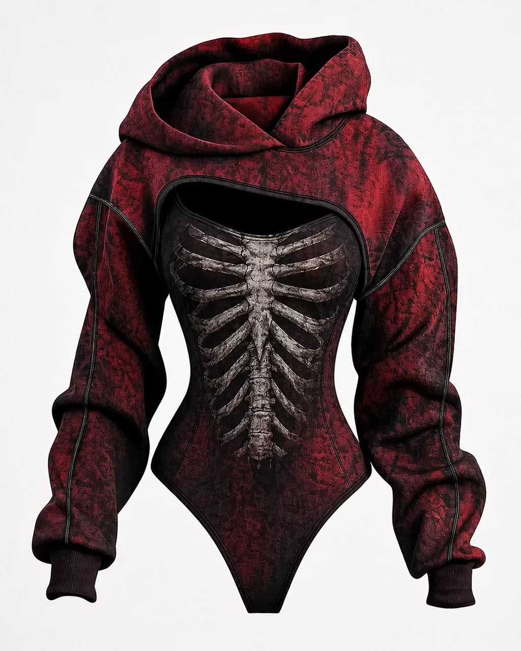 Women's Gothic-style bodysuit with embroidered skeleton and irregular cut, two-piece set