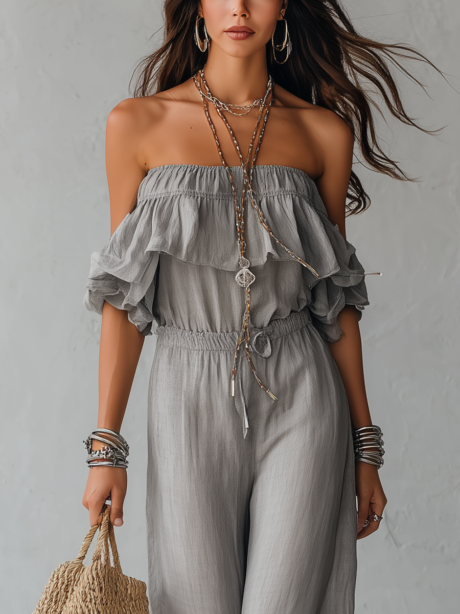 Bohemian style Gray Off the shoulder Wide leg Jumpsuit With Ruffled Details oaklynwear