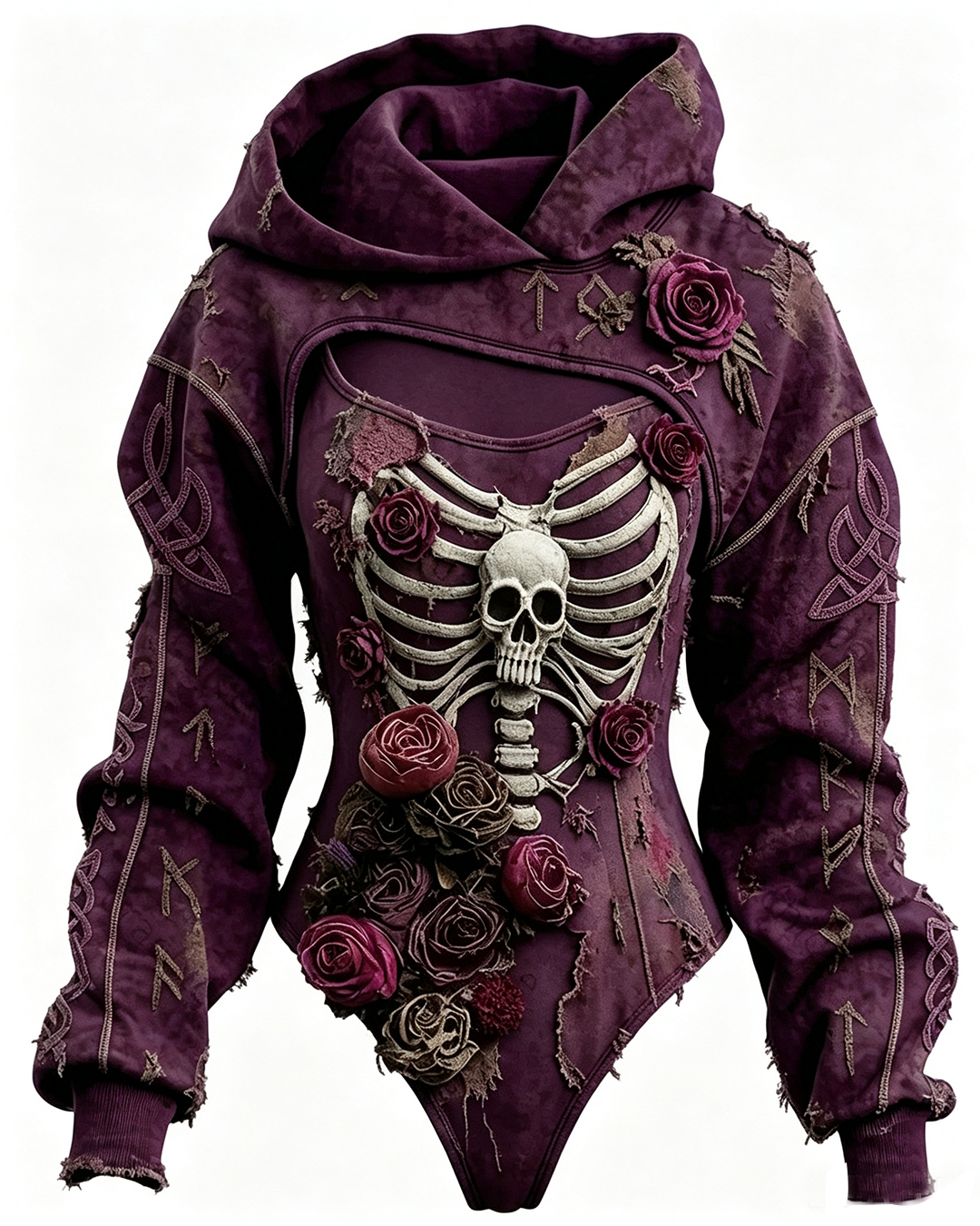 Women's Gothic Skull-Embroidered Asymmetrical Jumpsuit Two-Piece Set