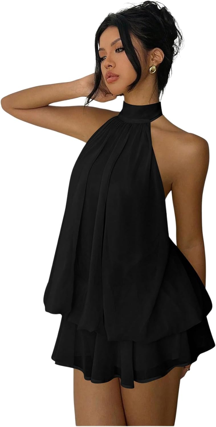 Women's Simple Solid Backless Halter One-Piece Jumpsuit, Elegant Ruffle Design, Perfect for Casual Wear, All Seasons Fashion, Outfit