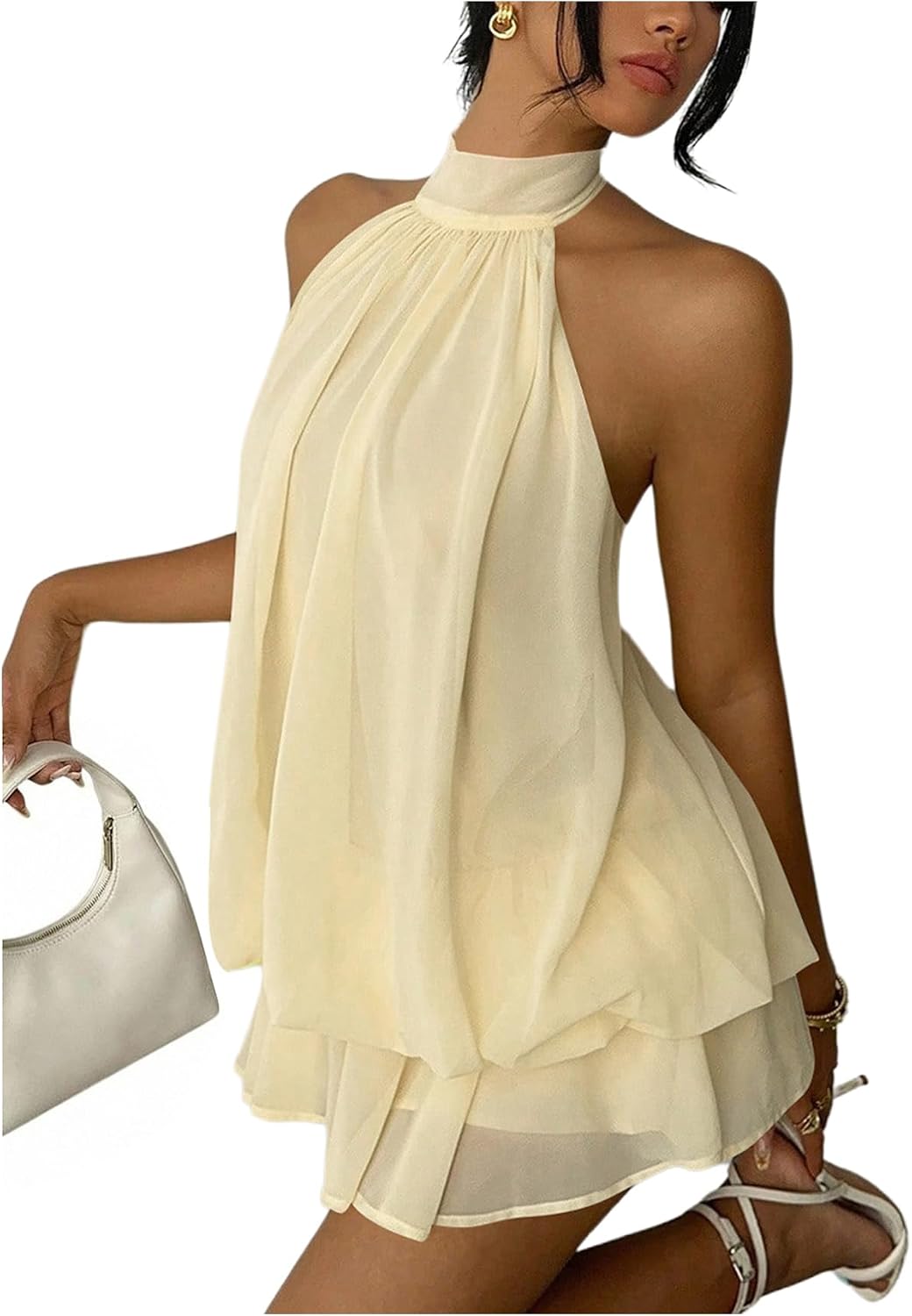 Women's Simple Solid Backless Halter One-Piece Jumpsuit, Elegant Ruffle Design, Perfect for Casual Wear, All Seasons Fashion, Outfit