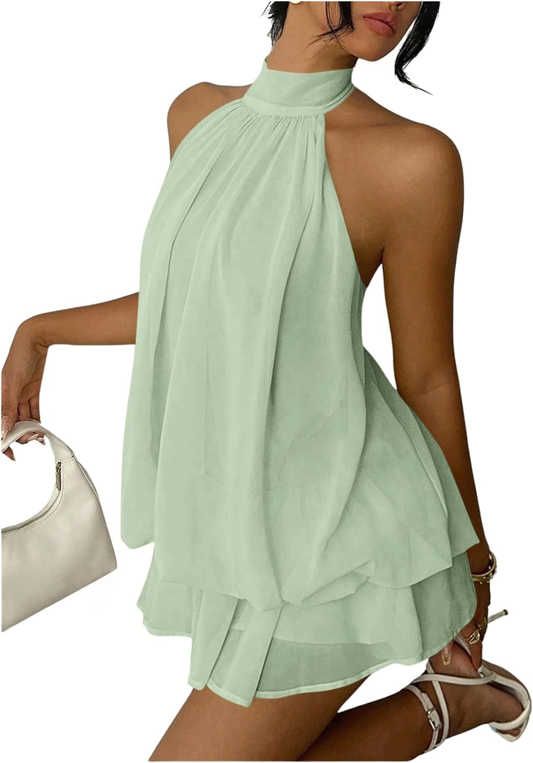Women's Simple Solid Backless Halter One-Piece Jumpsuit, Elegant Ruffle Design, Perfect for Casual Wear, All Seasons Fashion, Outfit