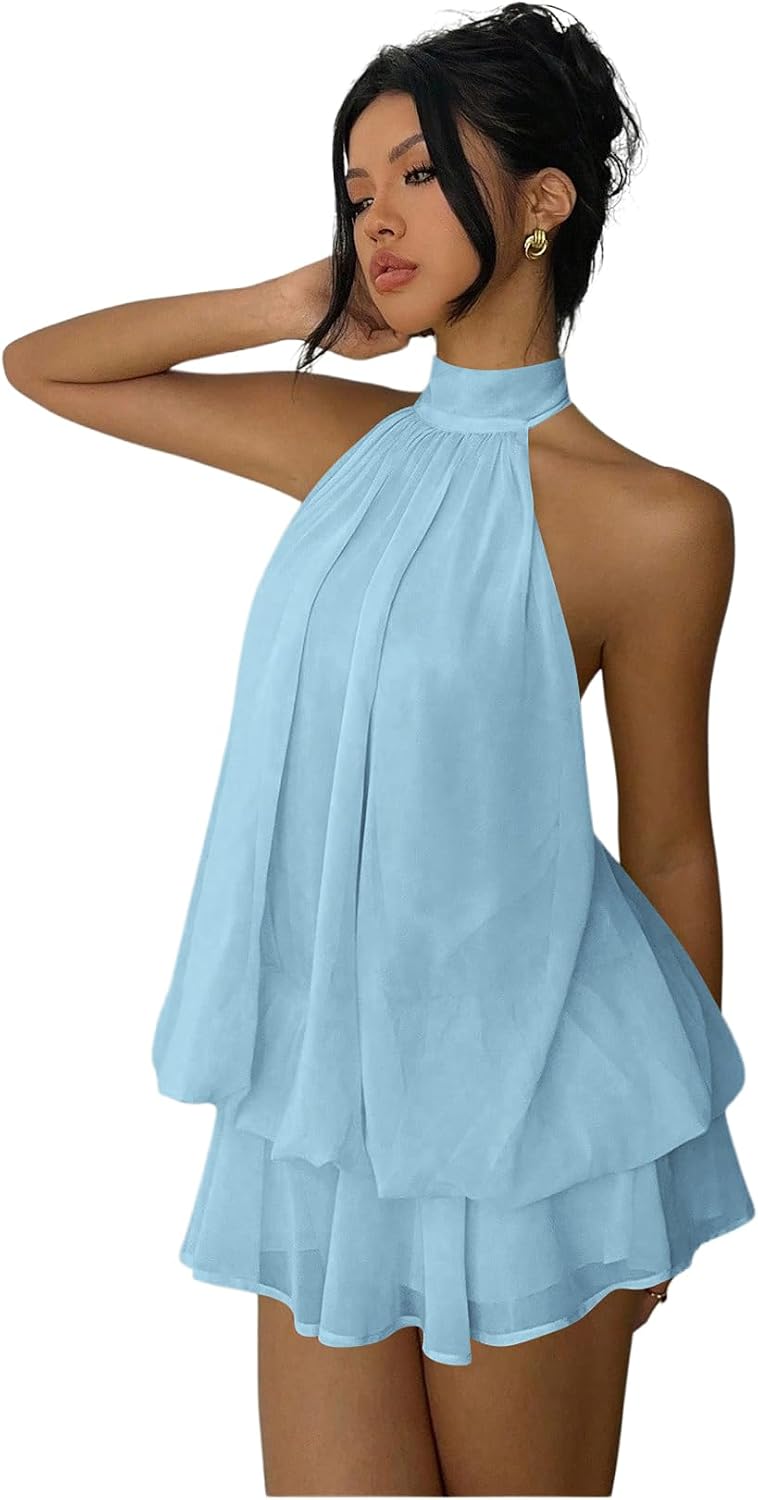 Women's Simple Solid Backless Halter One-Piece Jumpsuit, Elegant Ruffle Design, Perfect for Casual Wear, All Seasons Fashion, Outfit