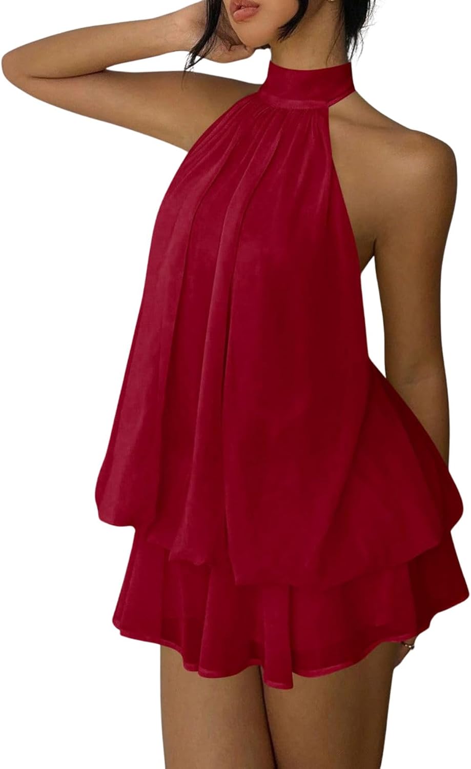 Women's Simple Solid Backless Halter One-Piece Jumpsuit, Elegant Ruffle Design, Perfect for Casual Wear, All Seasons Fashion, Outfit