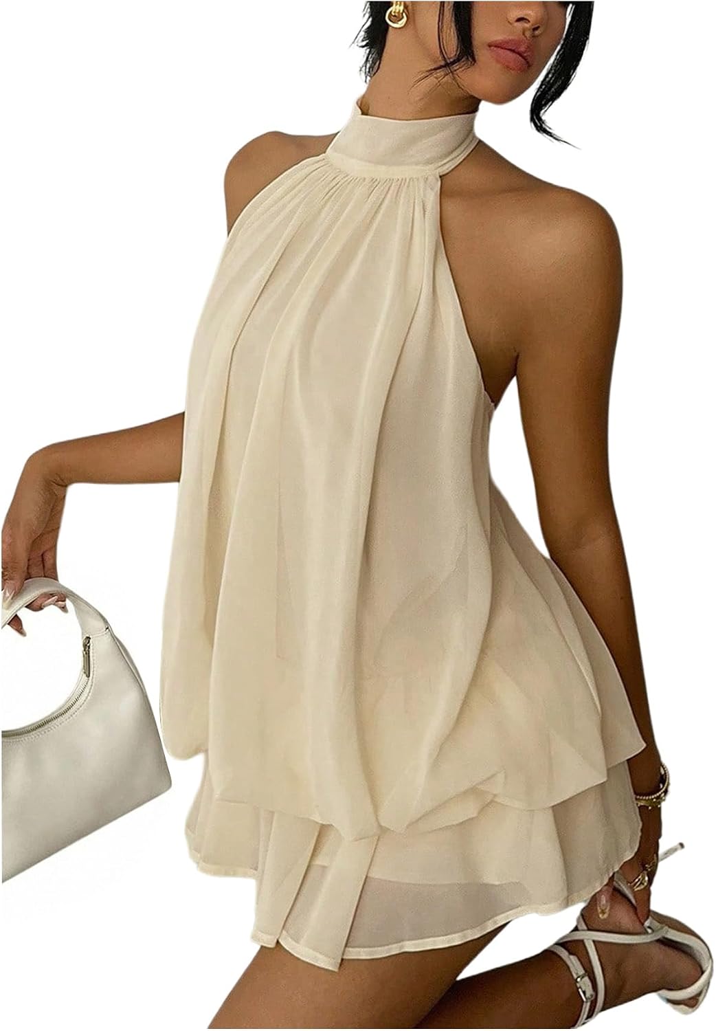 Women's Simple Solid Backless Halter One-Piece Jumpsuit, Elegant Ruffle Design, Perfect for Casual Wear, All Seasons Fashion, Outfit