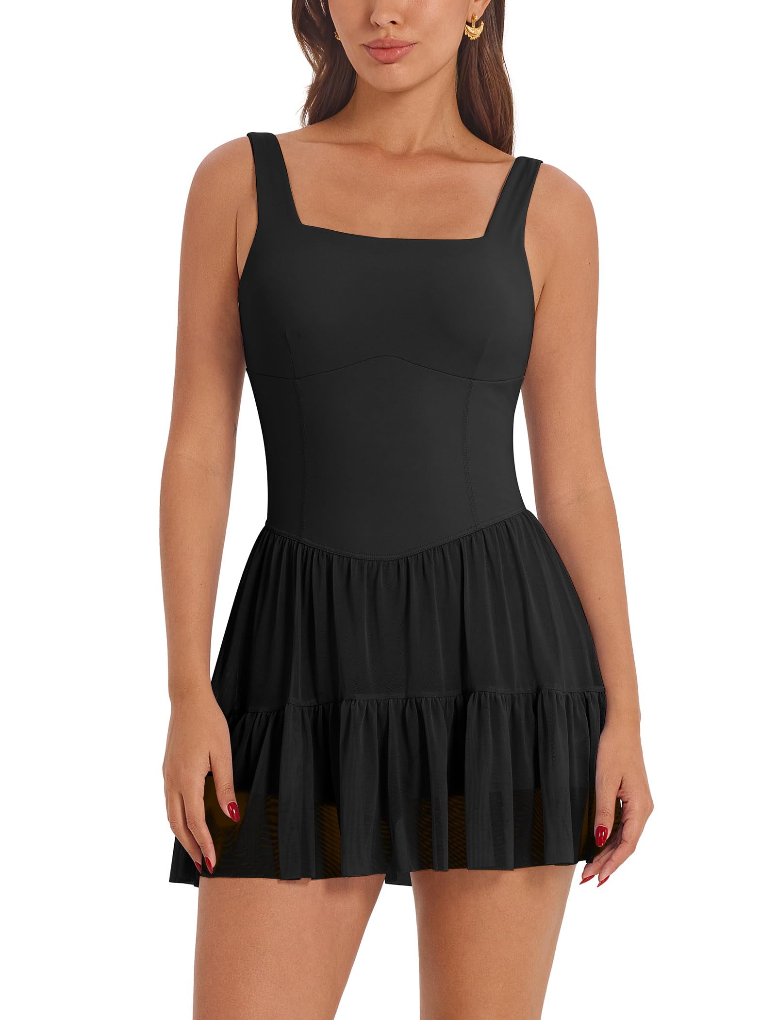 ABOCIW Women's Flowy Pleated Ruffle Tennis Athletic Dress Square Neck Sleeveless Mini Golf Dress with Shorts Pocket