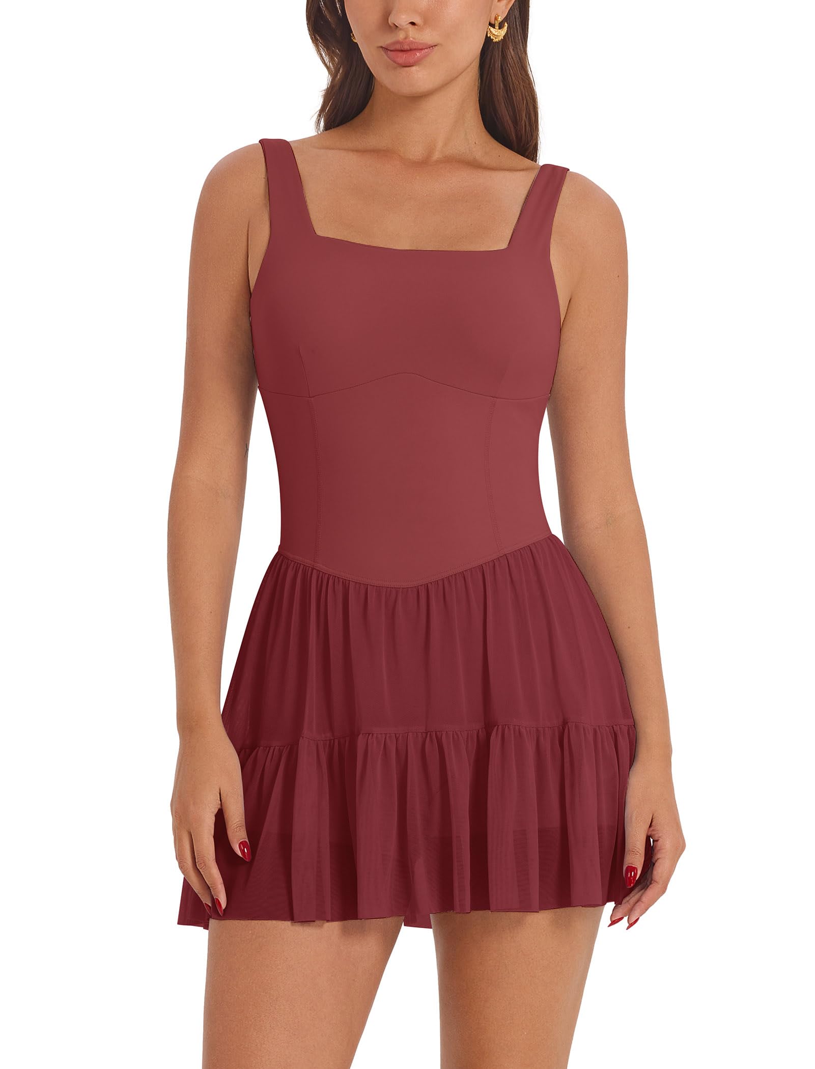ABOCIW Women's Flowy Pleated Ruffle Tennis Athletic Dress Square Neck Sleeveless Mini Golf Dress with Shorts Pocket