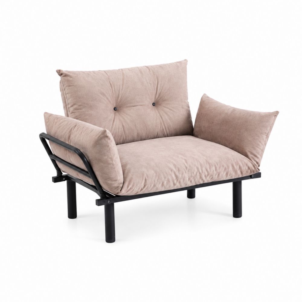 Dwuosobowa sofa z metalową ramą i beżowym obiciem