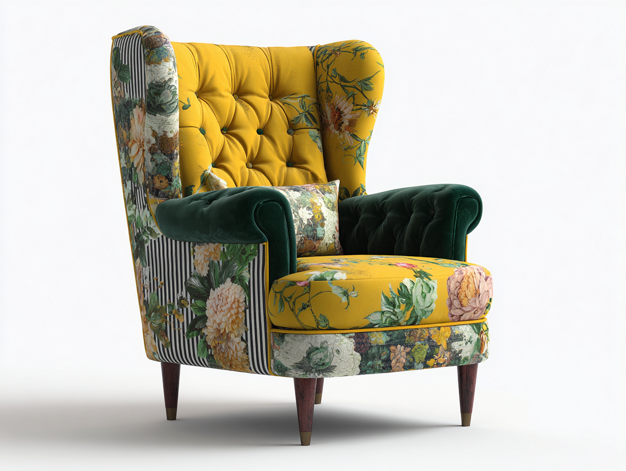 Ohrensessel Samt-Stoff-Holz 86x92x112 cm Gelb-Grün-Bunt - klassisches Design mit floralem Muster-Sidorhadecor