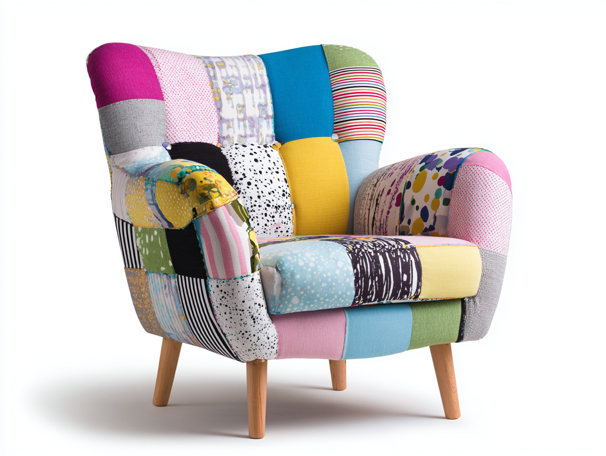 Ohrensessel 78x82x105 cm - Stoff Mehrfarbig-Hellbraun - gepolstert im modernen Patchwork Design-Sidorhadecor