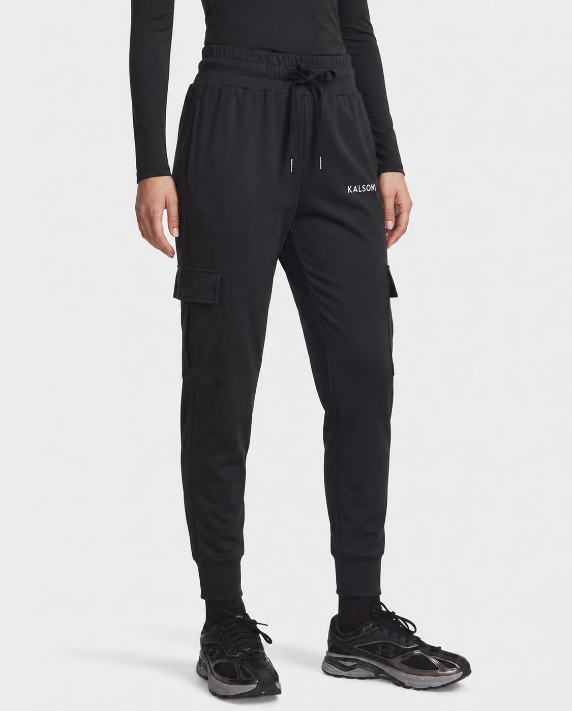 High-Waist Cargo Joggers — Black — Front