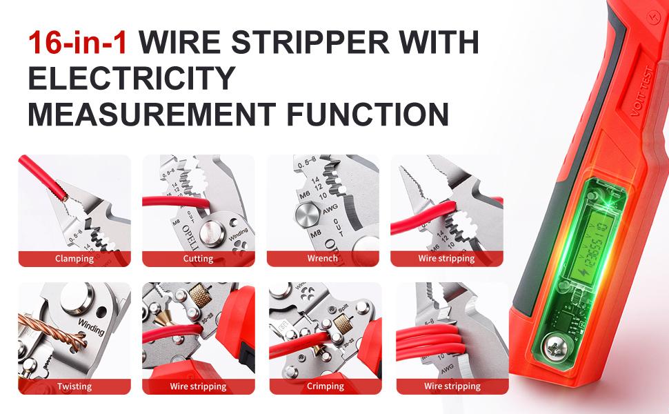 OPELI 16-in-1 Wire Stripping Pliers, 2026 New Rechargeable Wire Strippers Tool with Voltage Tester&Alarms, Detectable 12-250V, Heavy-Duty Electrical Pliers&Wire Cutters&ndash;for Professional and Home Use