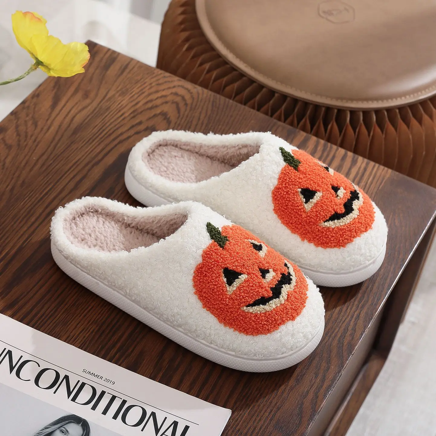 Women Men Comfy Faux Fur Lined Skull Pumpkin Plush Slippers Antislip Soft Sole House Shoes Bedroom Shoes Flat Slides Fluffy Footwear Halloween gift