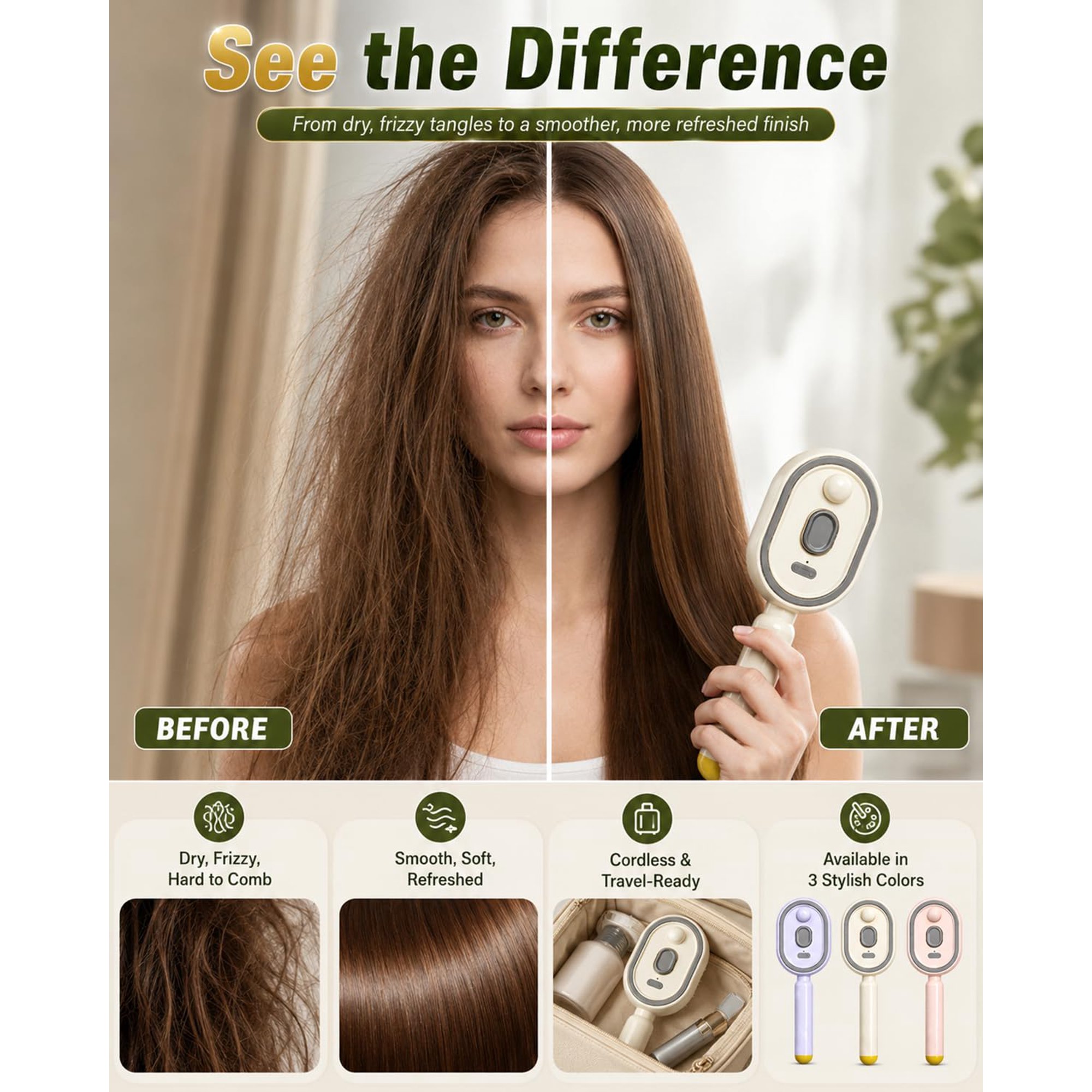 Electric Steam Brush, Electric Spray Air Cushion Massage Comb for Women, Rechargeable Water Spray Hair Brush, Detangling & Anti-Static Hair Brush, Reduce Frizz, Smooth & Nourish