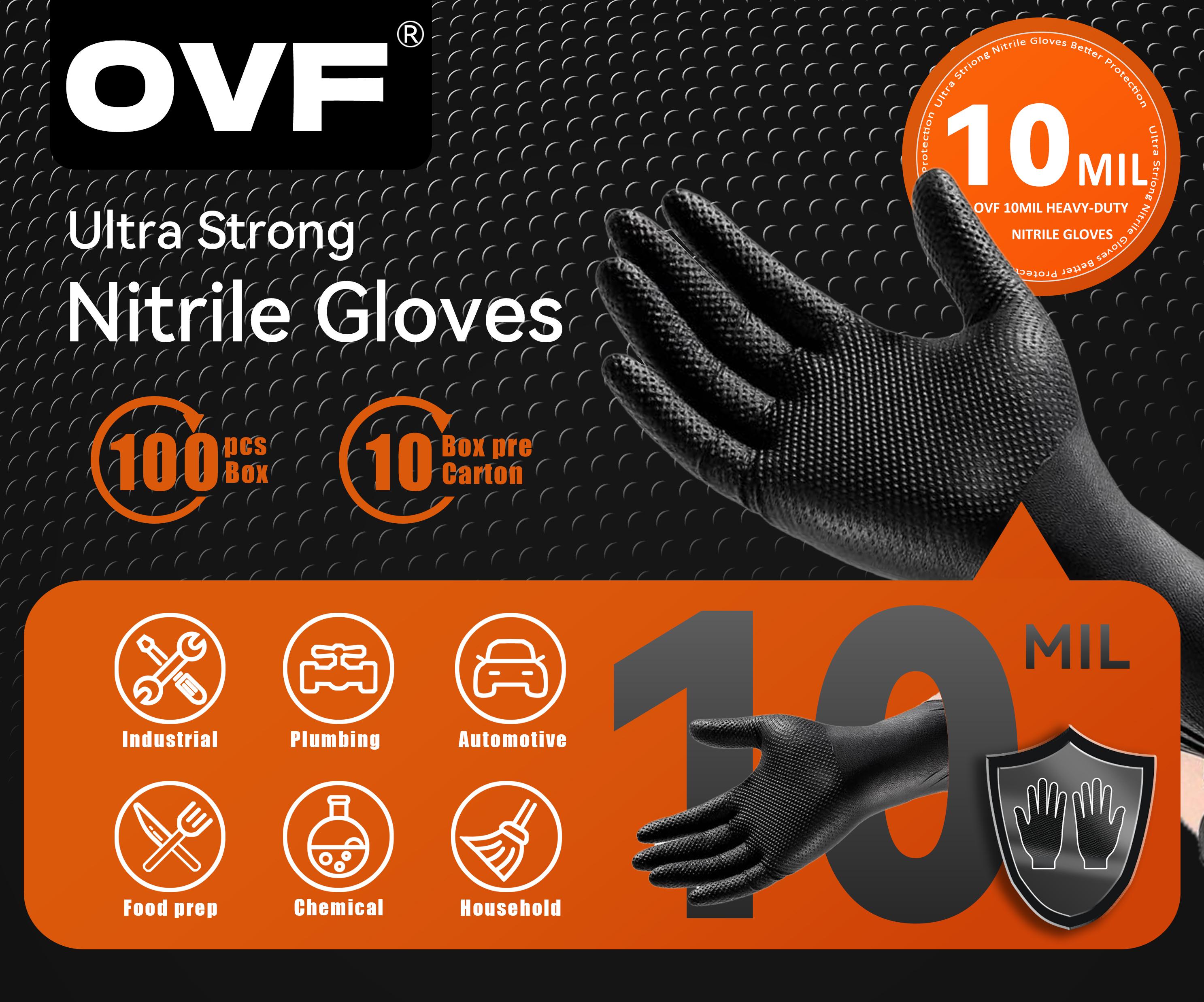 OVF Black Nitrile Gloves, 5mil Heavy Duty Soft Disposable Gloves, 100 Count Latex Free Powder Free Reusable Gloves for Cleaning, Auto Repair, Food Processing, Tattoo, Hair Dye, Kitchen, Salon, Gardening (M-XL Sizes) OVF Black Nitrile Gloves, 5mil Heavy Duty Soft Disposable Gloves, 100 Count Latex Free Powder Free Reusable Gloves for Cleaning, Auto Repair, Food Processing, Tattoo, Hair Dye, Kitchen, Salon, Gardening (M-XL Sizes)