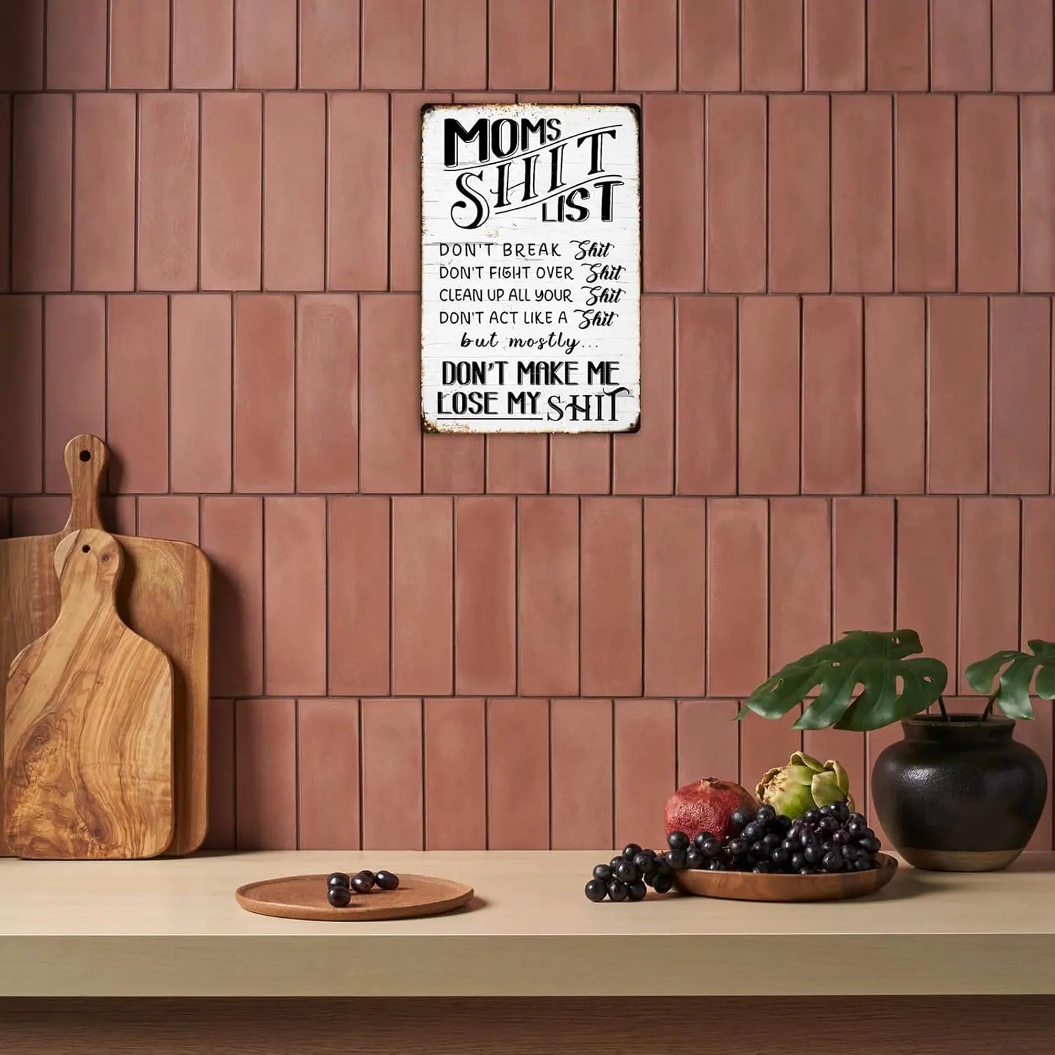 Funny Mom Life Kitchen Wall Decor, Moms List Sarcastic Home Tin Sign, Mom's Shit List Funny Decor