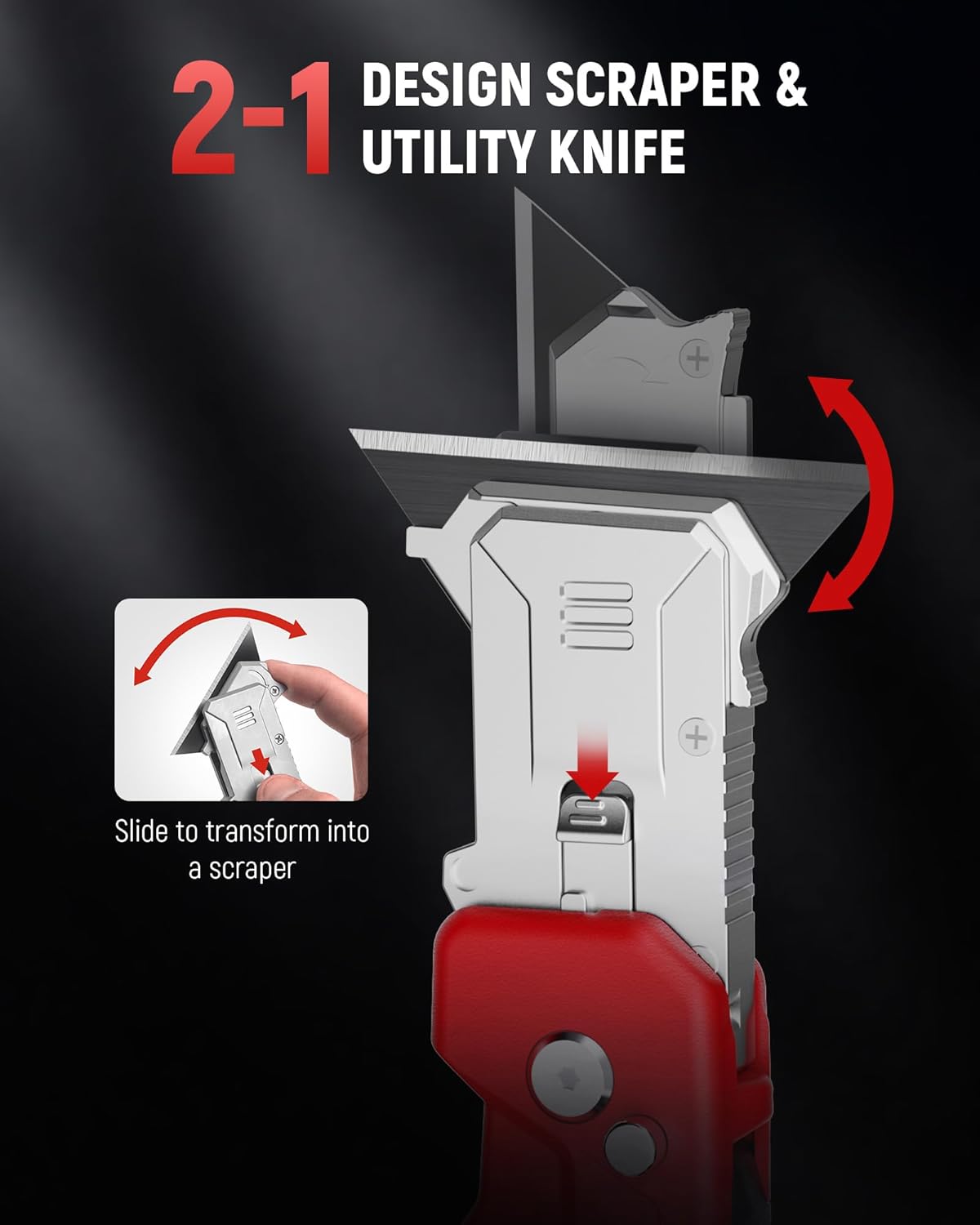 KAIWEETS Utility Knife Scraper, 2-in-1 Folding Box Cutter with Blade Storage, Heavy Duty Zinc Alloy Body, Retractable Design, 12pcs SK2 Black Blades replacement, EDC Tool for Home, Office, DIY
