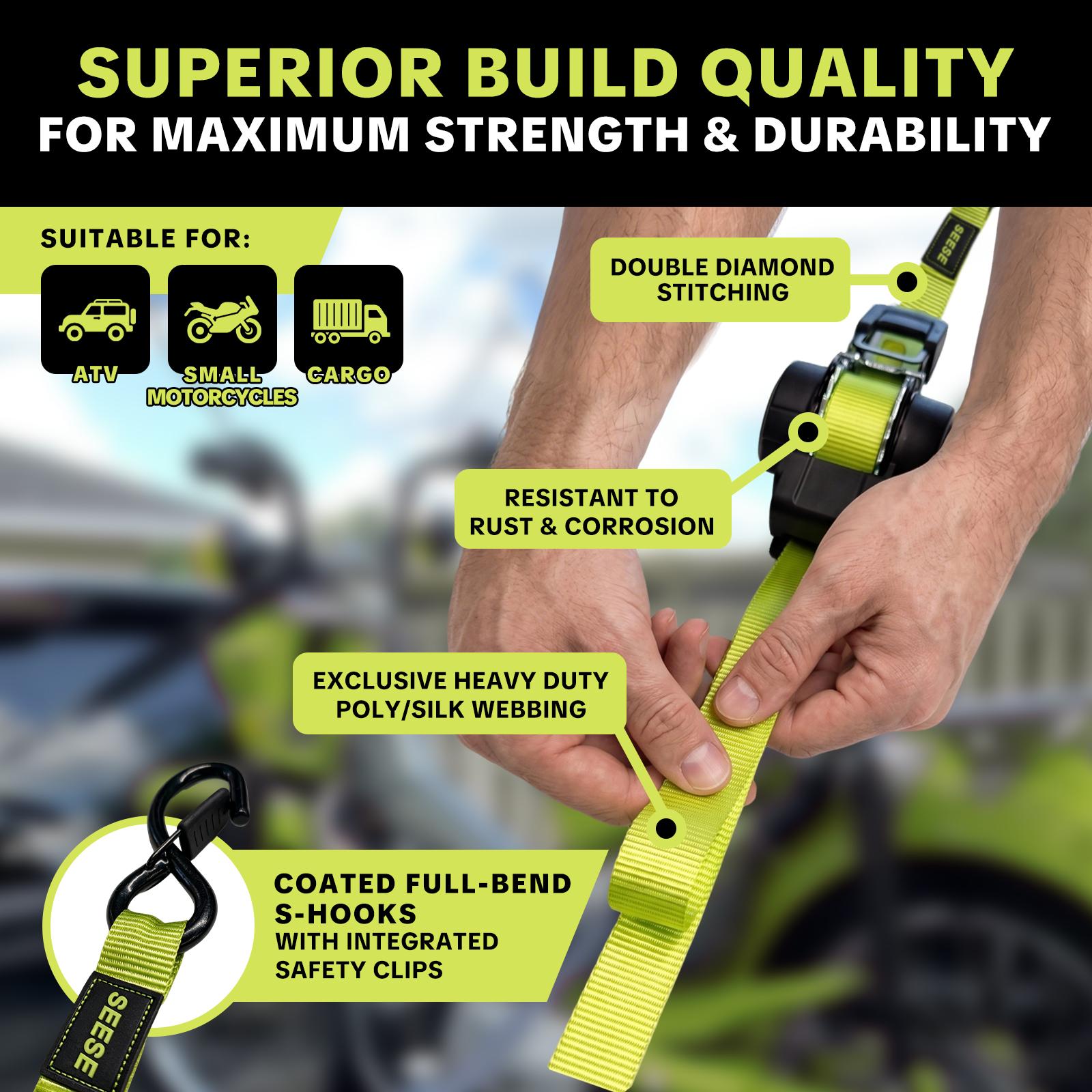 SEESE Car Tie Downs with Ratchets 1"x 11 ft-1500 LB Break Strength Cargo Straps for Moving Appliances, Lawn Equipment, Motorcycle Green