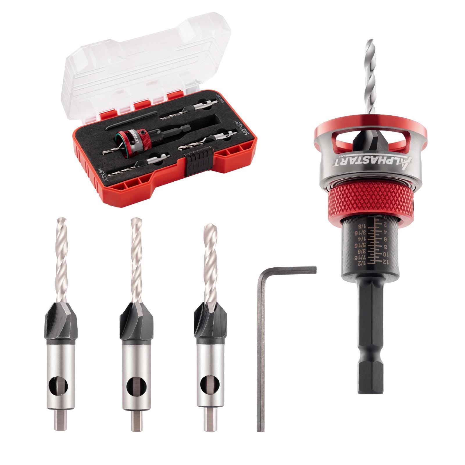 ALPHASTART 4PCS HCS (High Carbon Steel) 4-Blade Countersink Drill Bit Set with Adjustable Depth Stop, L-Shape Wrench, Work Tools for Precision Drilling, Suitable for Wood and Plastic, Tool Included for Drilling in Wood and Plastic