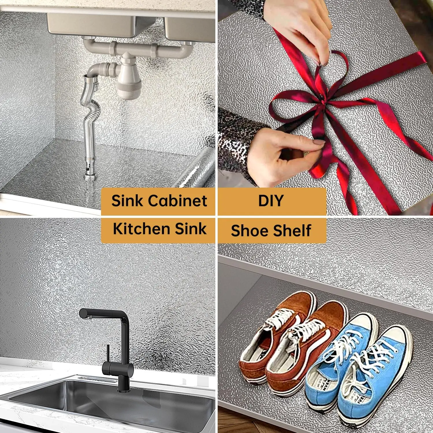 Livelynine Silver Contact Paper for Kitchen Oil Proof Waterproof Sticker Aluminum Foil Kitchen Wallpaper Backsplash Peel and Stick Self Adhesive Shelf Liners for Drawer Removable