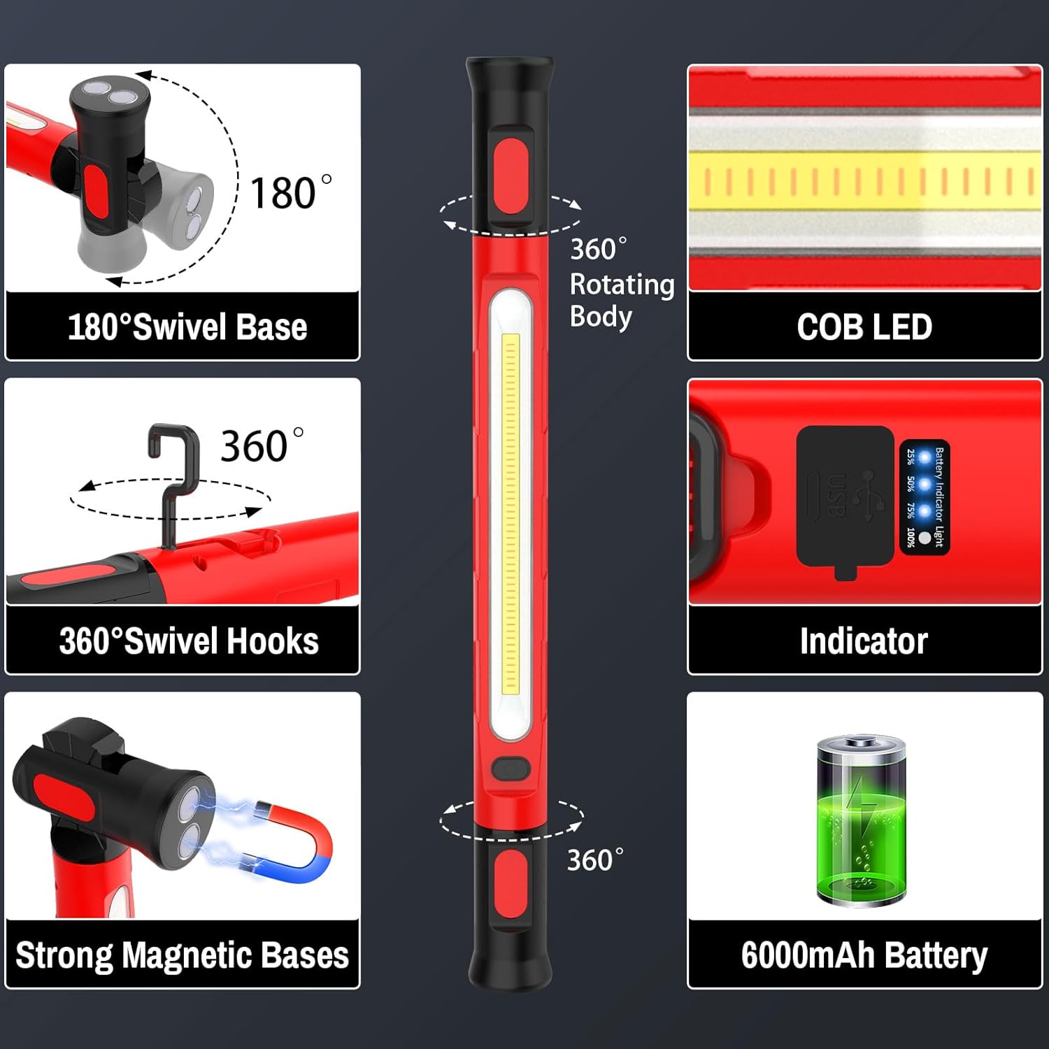 ERAY Magnetic LED Work Light, 6000mAh /3000LM Rechargeable Under Hood Work Light Bar - Mechanic Light with 3 Modes 360° Adjustable Waterproof, Car Repairing Inspection Garage Workshop Emergency