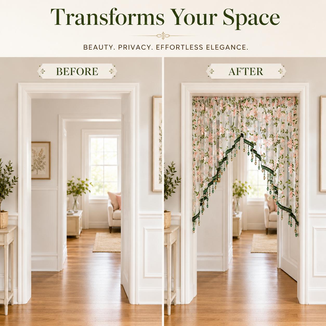 Hole-free French floral door curtains | Luxurious lace curtains with hanging crystal beads, ideal for decorating rented properties Hole-free French floral door curtains | Luxurious lace curtains with hanging crystal beads, ideal for decorating rented properties