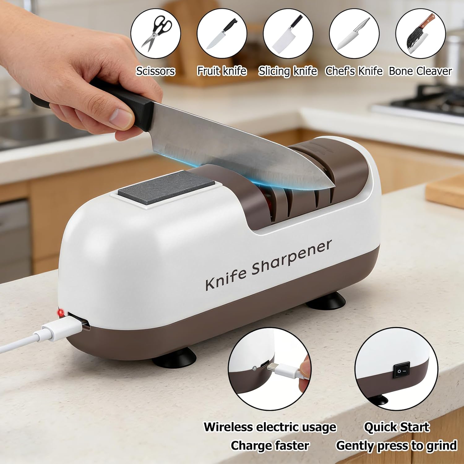 Electric Knife Sharpener, Electric Knife Sharpener for Rough and Fine, Ergonomic Electric Knife Sharpener Professional, for Knives with Straight Blade, Serrated Knives and Scissors