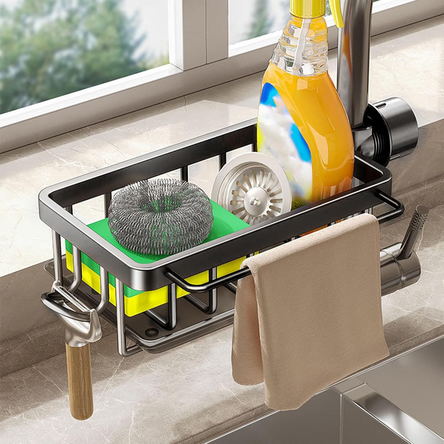 Kitchen Faucet Organizer Rack, Under Sink Organizers Multifunctional Rustproof Sponge Dish Soap Brush Sink Caddy Holder with Drip Tray