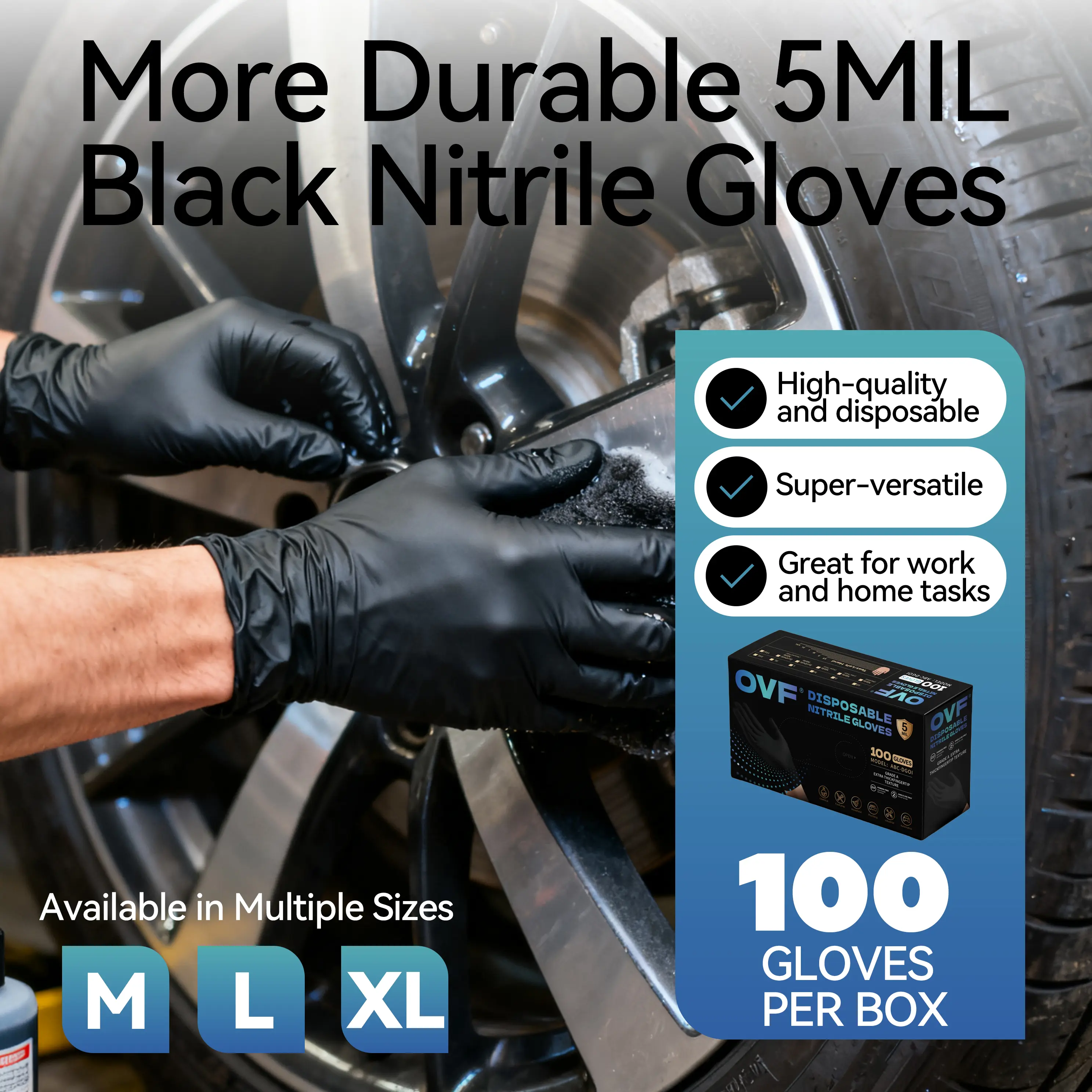 OVF Black Nitrile Gloves, 5mil Heavy Duty Soft Disposable Gloves, 100 Count Latex Free Powder Free Reusable Gloves for Cleaning, Auto Repair, Food Processing, Tattoo, Hair Dye, Kitchen, Salon, Gardening (M-XL Sizes)