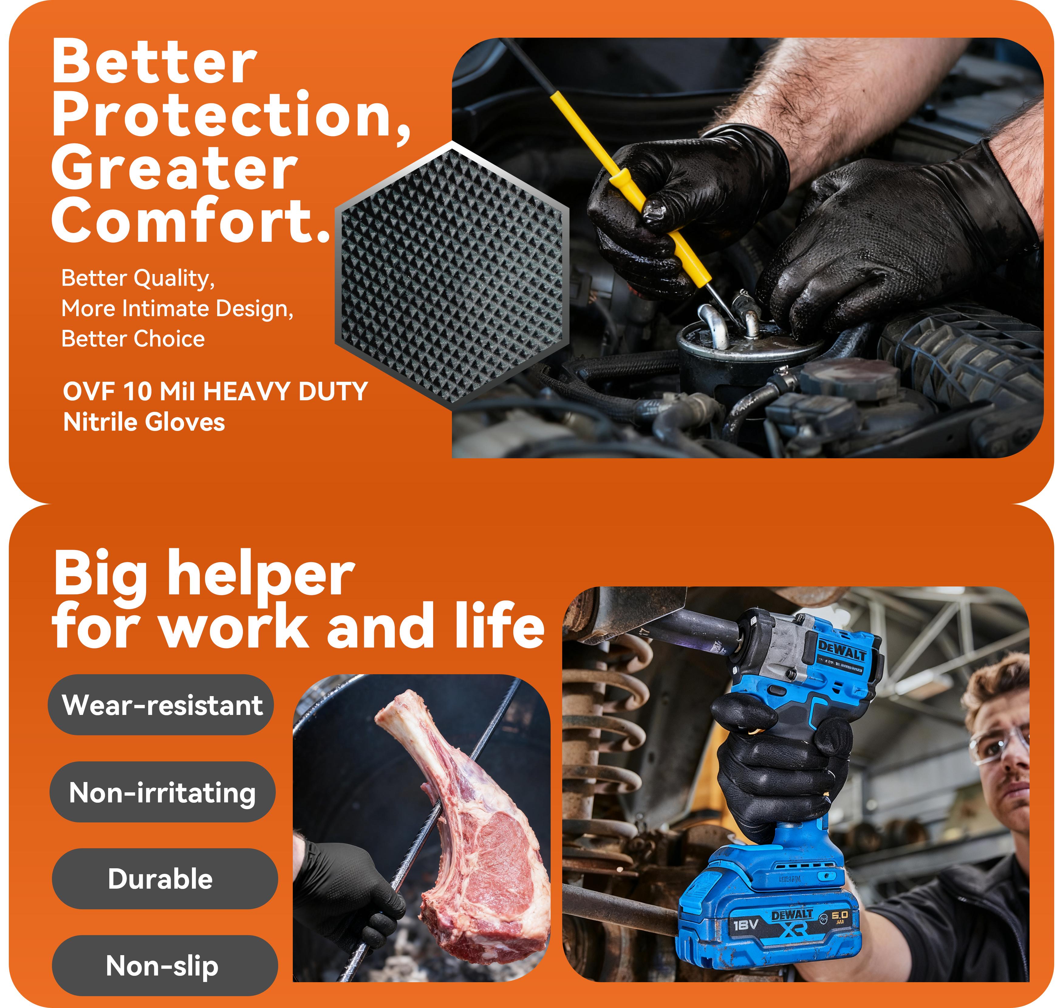 OVF Black Nitrile Gloves, 5mil Heavy Duty Soft Disposable Gloves, 100 Count Latex Free Powder Free Reusable Gloves for Cleaning, Auto Repair, Food Processing, Tattoo, Hair Dye, Kitchen, Salon, Gardening (M-XL Sizes) OVF Black Nitrile Gloves, 5mil Heavy Duty Soft Disposable Gloves, 100 Count Latex Free Powder Free Reusable Gloves for Cleaning, Auto Repair, Food Processing, Tattoo, Hair Dye, Kitchen, Salon, Gardening (M-XL Sizes)