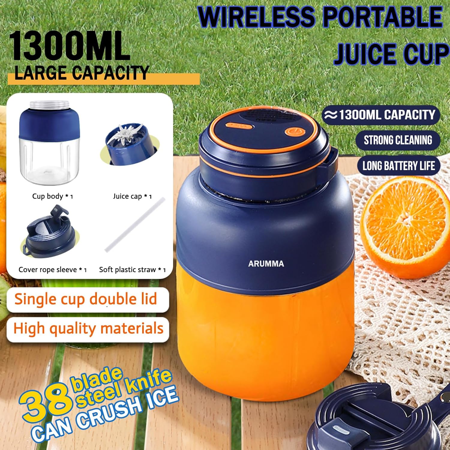 Portable Juice Cup Blender for Smoothies Shakes Fruit Crush Baby Food Maker 43oz 1300ML USB Charging Cordless Powerful Blades Blending Portable Smoothie Blender for Small Ice Kitchen Outdoor