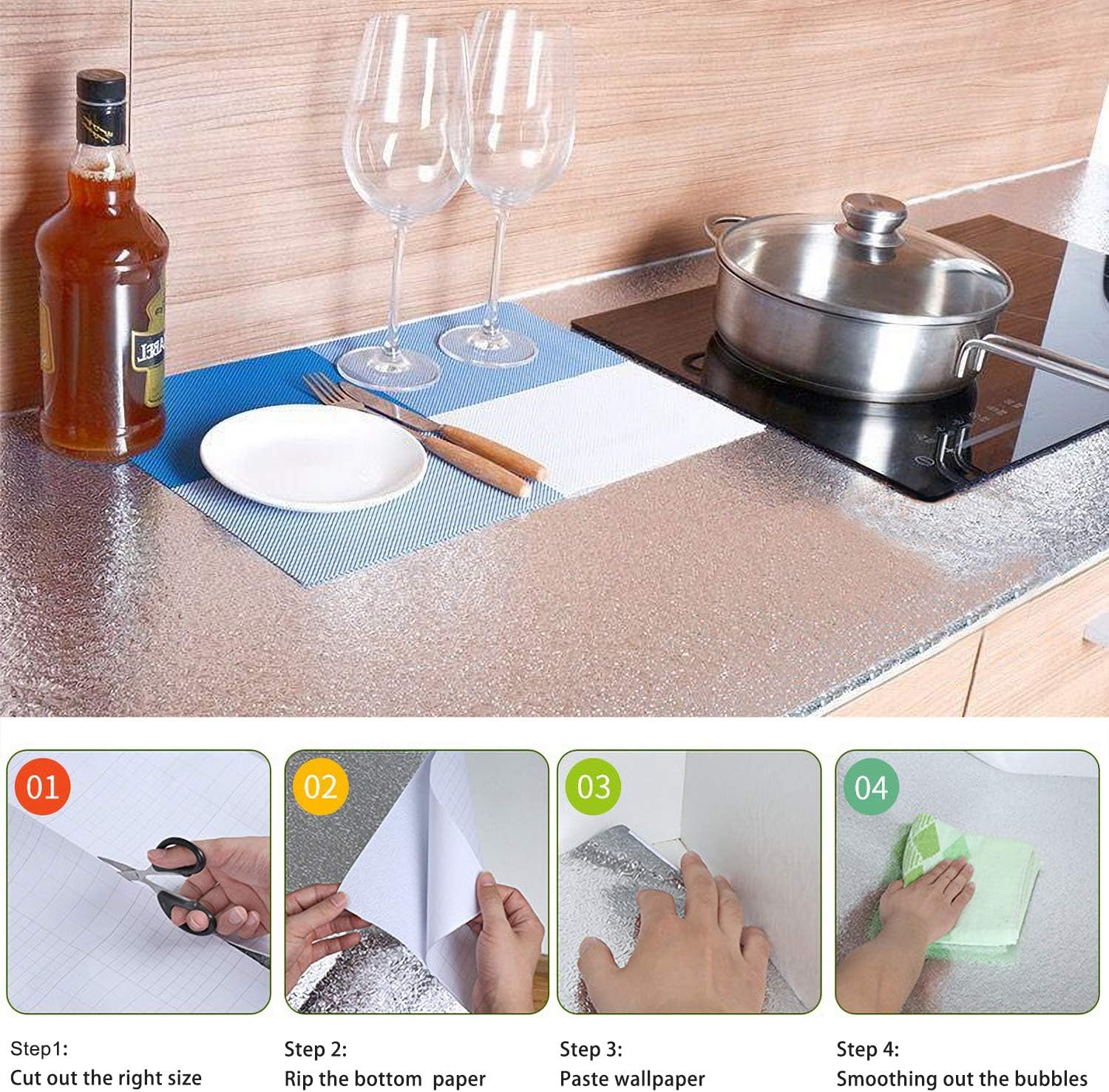 Livelynine Silver Contact Paper for Kitchen Oil Proof Waterproof Sticker Aluminum Foil Kitchen Wallpaper Backsplash Peel and Stick Self Adhesive Shelf Liners for Drawer Removable