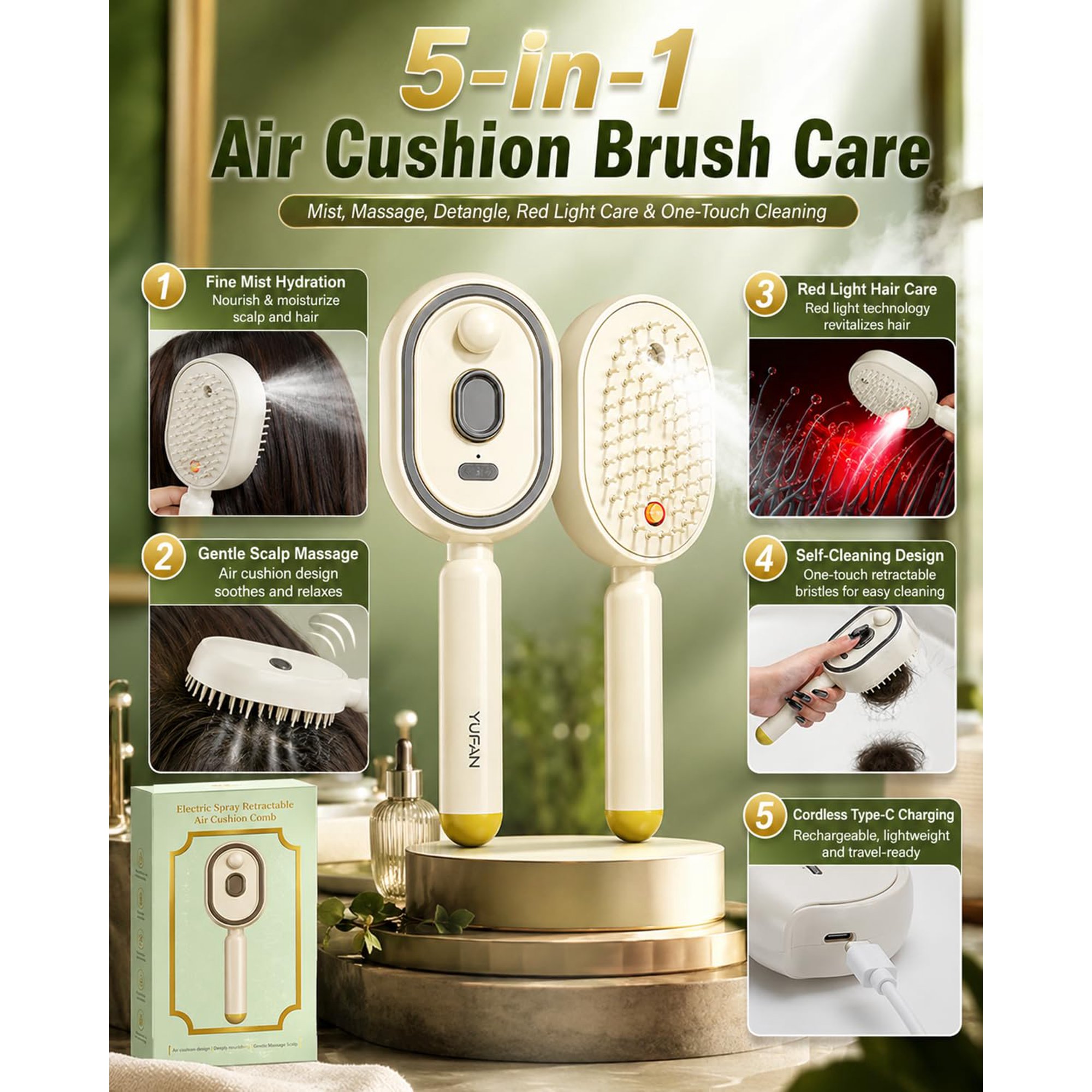 Electric Steam Brush, Electric Spray Air Cushion Massage Comb for Women, Rechargeable Water Spray Hair Brush, Detangling & Anti-Static Hair Brush, Reduce Frizz, Smooth & Nourish