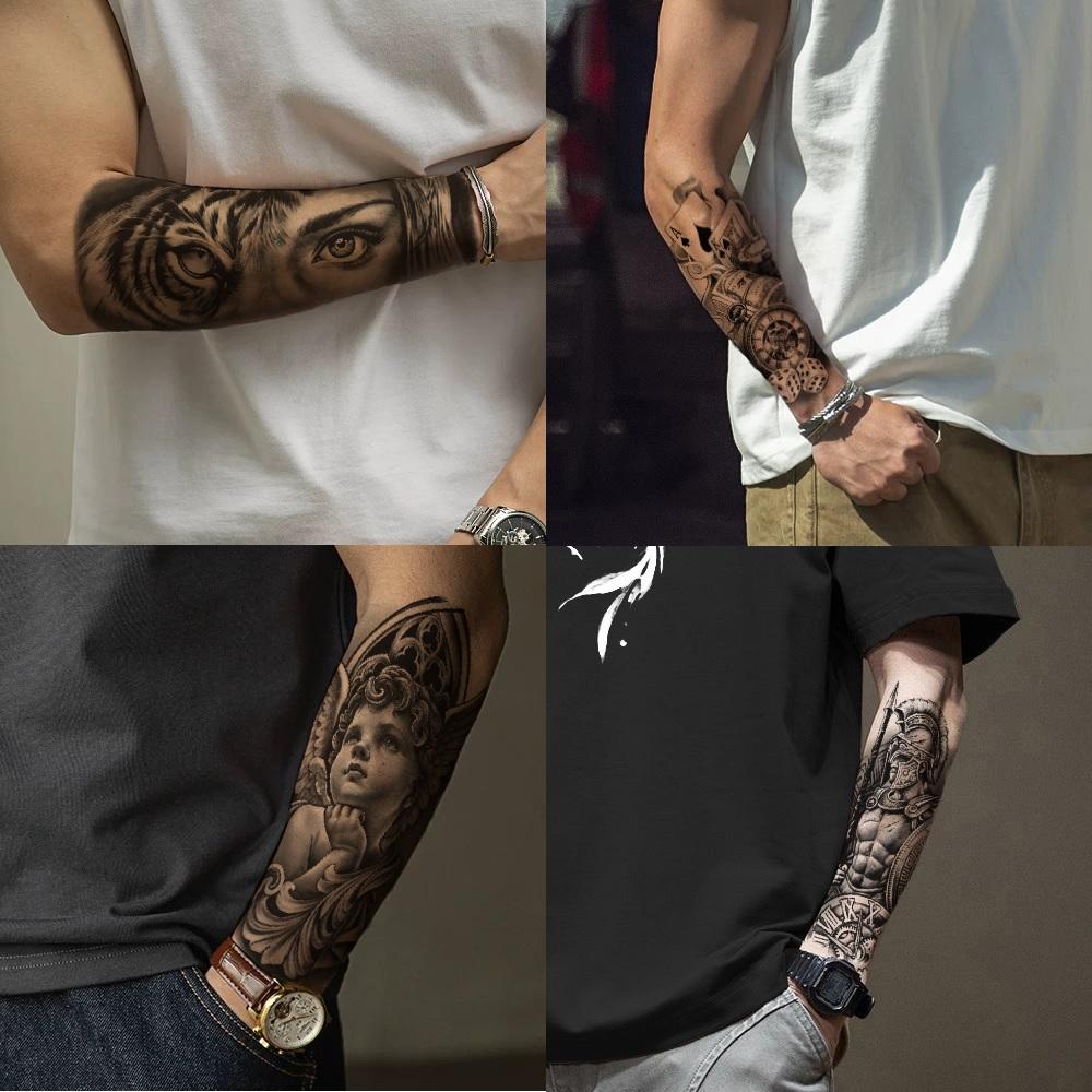 76 Sheets Large Black Temporary Tattoo Stickers - Tribal Wolves, Tigers, Lions, Snakes, Skulls, 12 Fake Tattoo Stickers for Men & Women Arm Designs