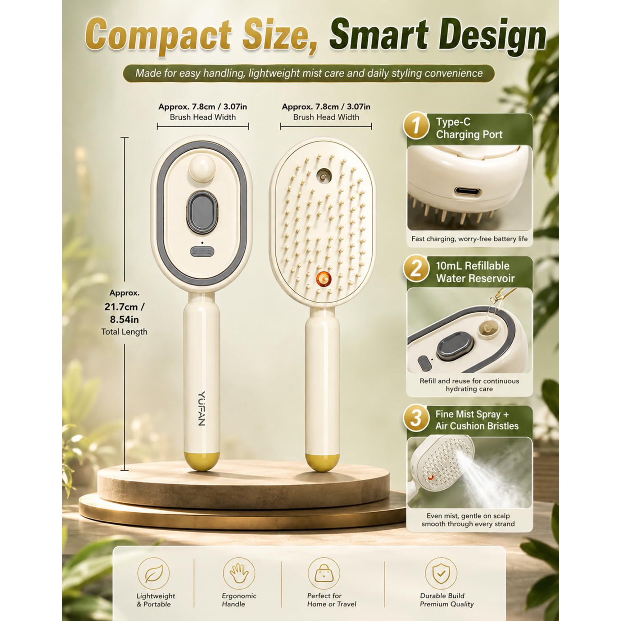 Electric Steam Brush, Electric Spray Air Cushion Massage Comb for Women, Rechargeable Water Spray Hair Brush, Detangling & Anti-Static Hair Brush, Reduce Frizz, Smooth & Nourish